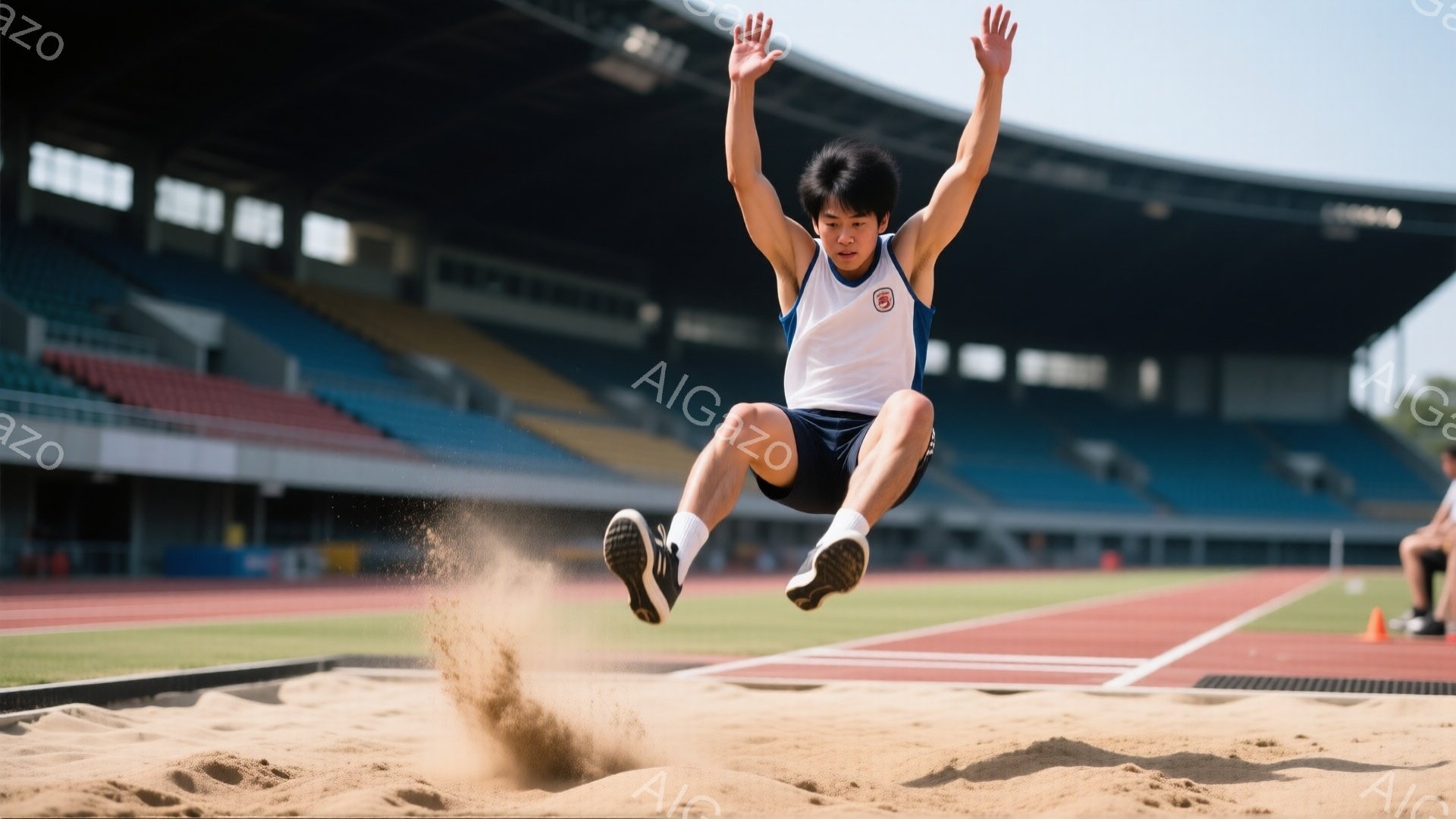 男子は短距離競技場で走り幅跳びをしている。青い短パンと白いシャツを着て、空中で足を高く上げ、砂場に飛び込もうとしている。背景には観客席が見え、晴天の下、活気のある競技の様子が伝わってくる。