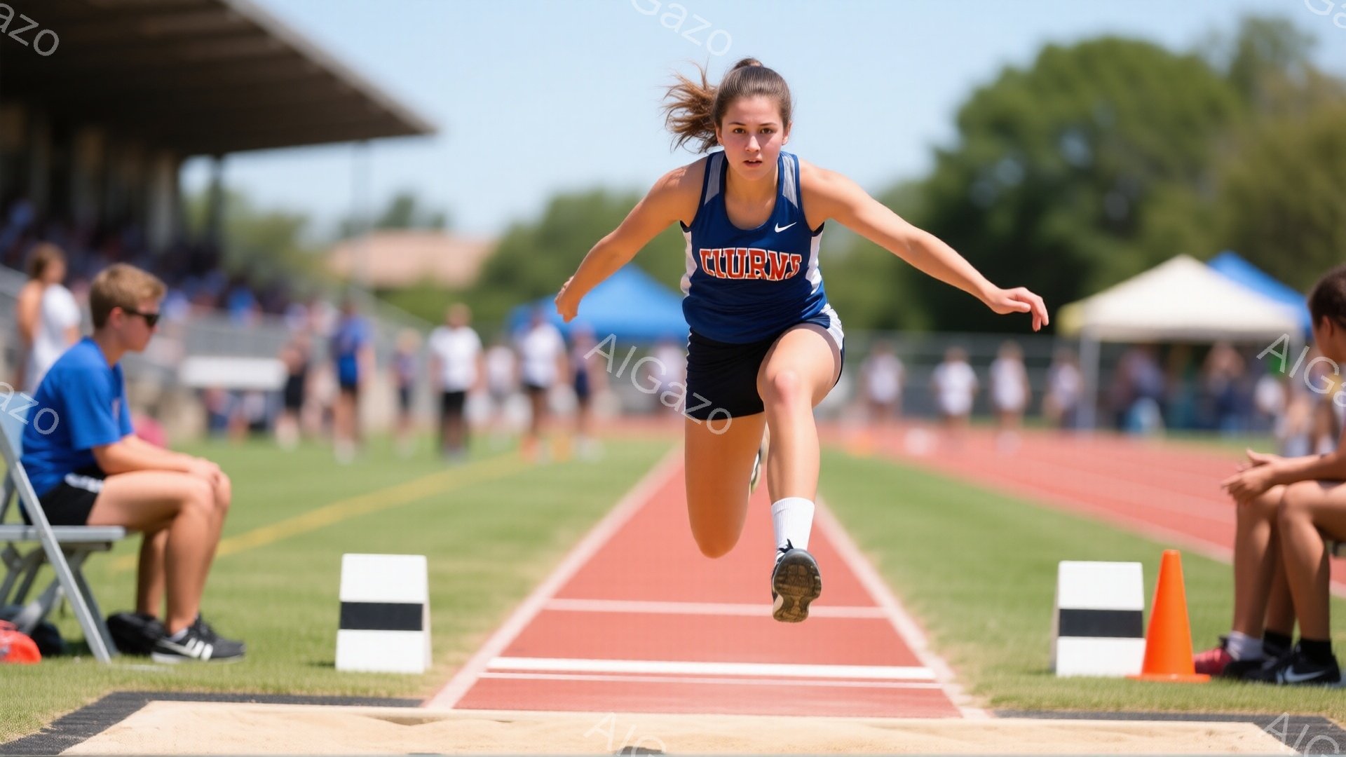 青いユニフォームと白いソックスを着用した若い女性が、陸上競技の走り幅跳びで空中に飛び出しています。彼女は髪をポニーテールにし、集中した表情で体を前に突き出しており、力強い跳躍の瞬間を捉えています。背景には緑の芝生、赤いトラック、遠くに見える建物と観客席があり、晴天の下での競技風景が広がっています。