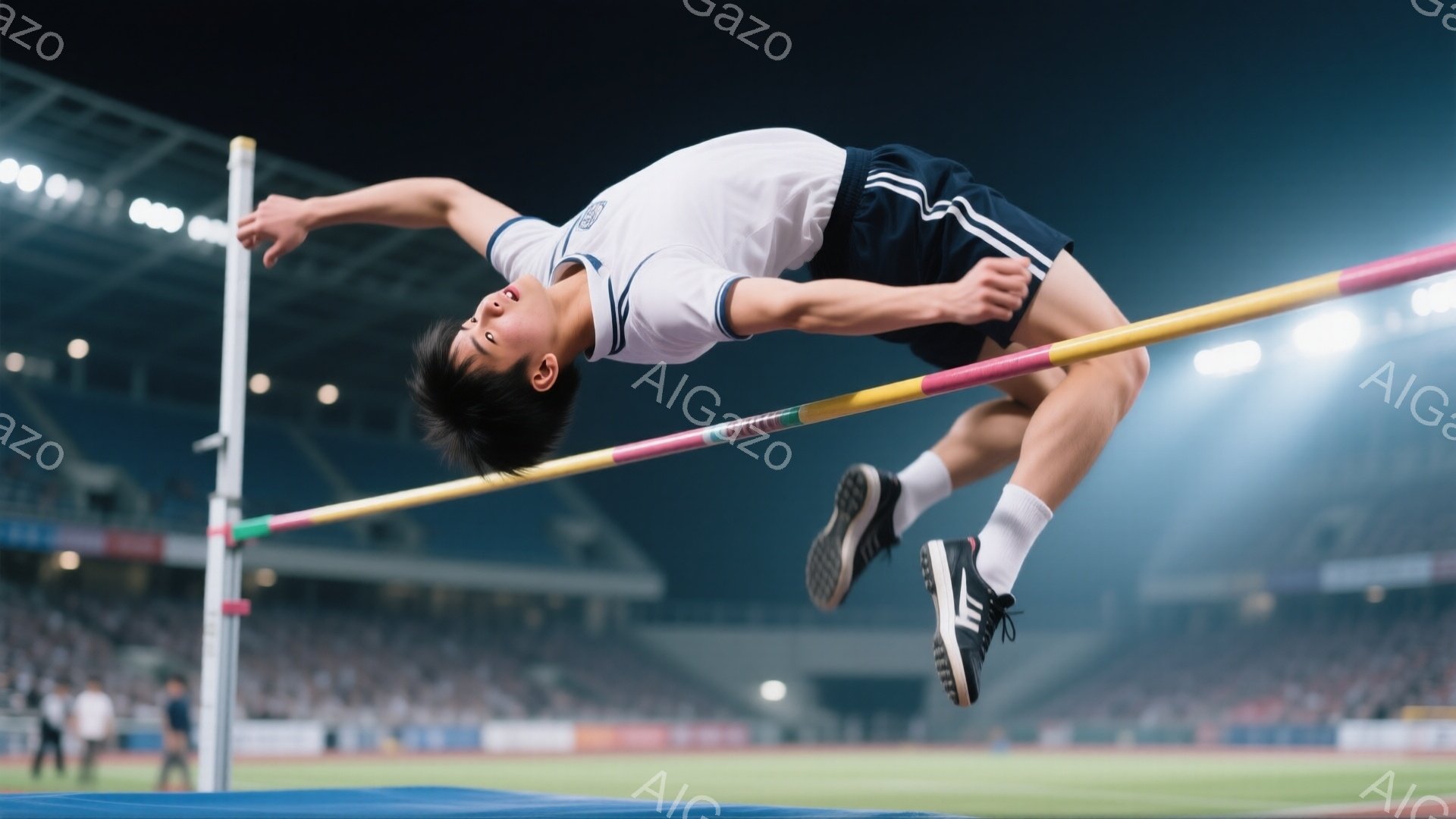 男子は高いハードルを飛び越えようとしています。白のシャツと紺色の短パンを着用し、黒いスニーカーを履いています。観客席と夜のスタジアムが背景にぼやけており、競技の緊張感と躍動感が伝わってきます。 - AI生成フリー素材