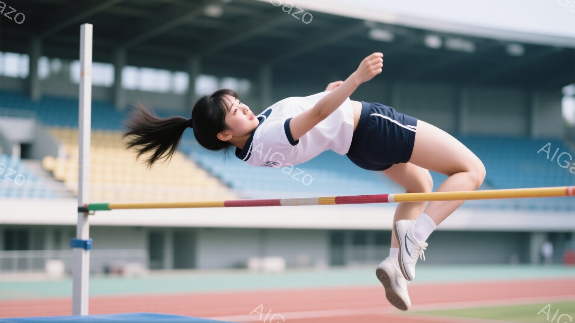 女子は高いハードルを飛び越えようとしています。彼女は白いシャツに紺色のショートパンツ、白いスニーカーを履いており、髪はポニーテールに結ばれています。背景には観客席と青い空が見え、運動場の活気ある雰囲気が伝わってきます。