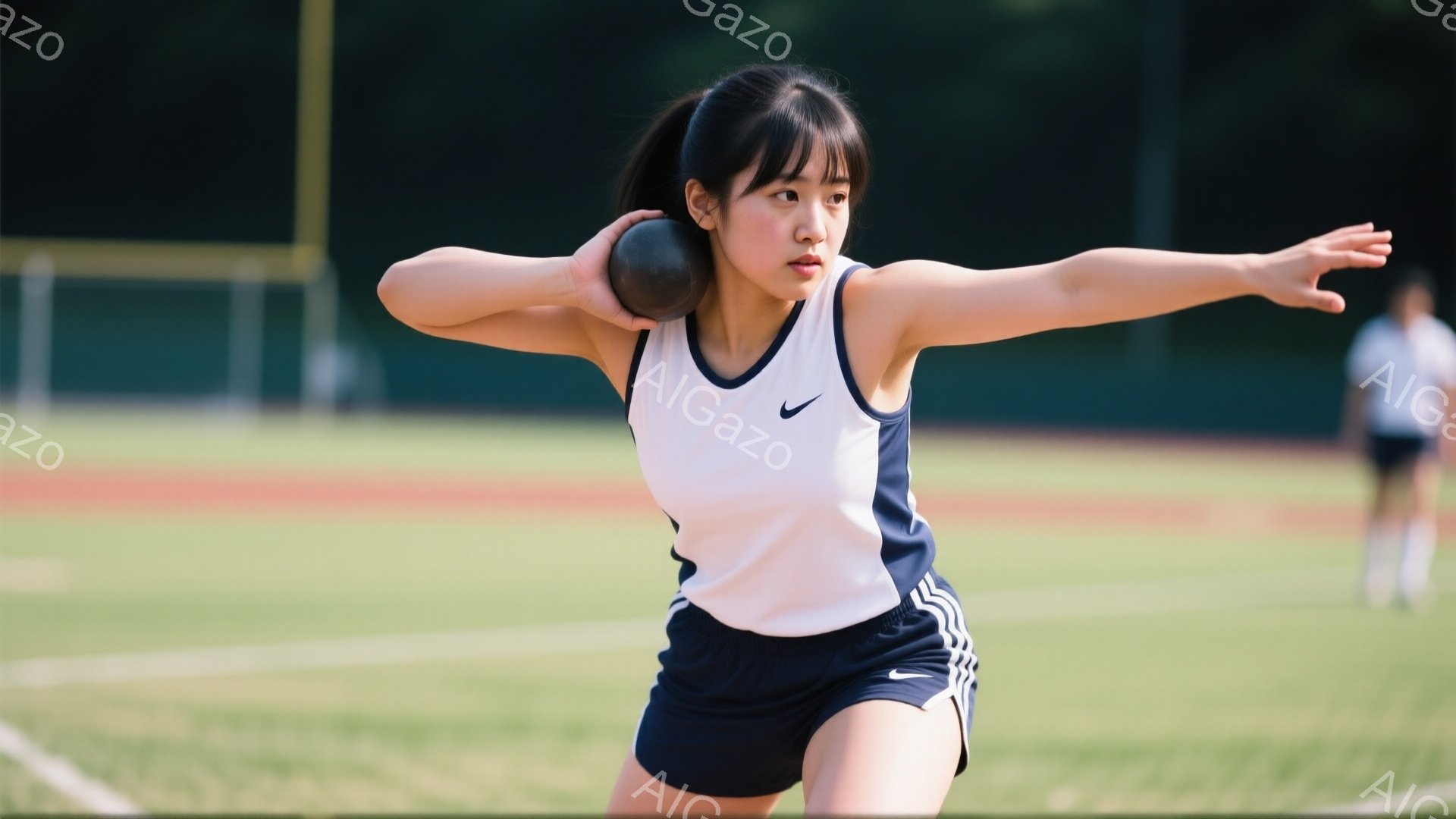 短い髪を後ろで一つにまとめた若い女性が、陸上競技場でショットプットをしている様子が写っています。彼女は白いタンクトップと紺色のショートパンツを着用し、力強く腕を振りかぶってショットプットの球を投げようとしています。背景には緑の芝生とトラック、そして遠くの木々が見え、晴れた日の競技の活気を感じさせます。