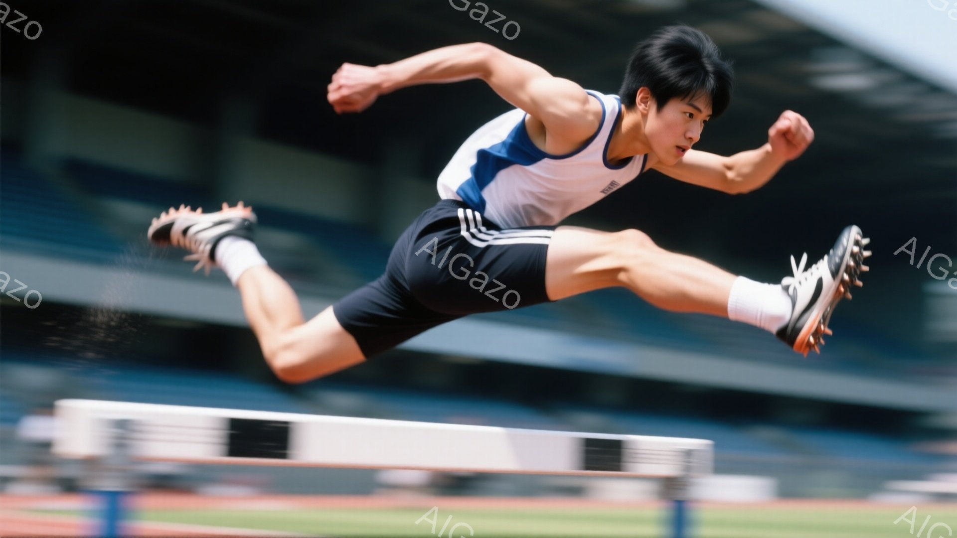 男子は、競技場でハードルを飛び越えている途中だ。青と白のタンクトップと黒い短パンを身に着け、力強い表情で集中している。背景には観客席と青空が見え、晴れた日の競技会の活気ある雰囲気が伝わってくる。 - AI生成フリー素材