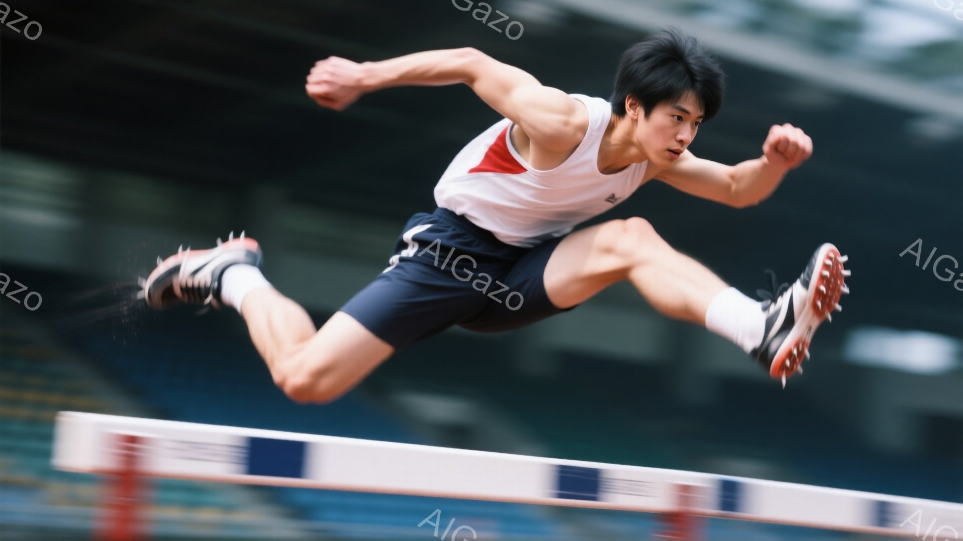 競技者がハードルを飛び越える瞬間を捉えた写真です。白と赤のタンクトップと黒の短パンを着用し、力強い表情で集中しています。背景には観客席が見え、屋内競技場の雰囲気を感じさせます。