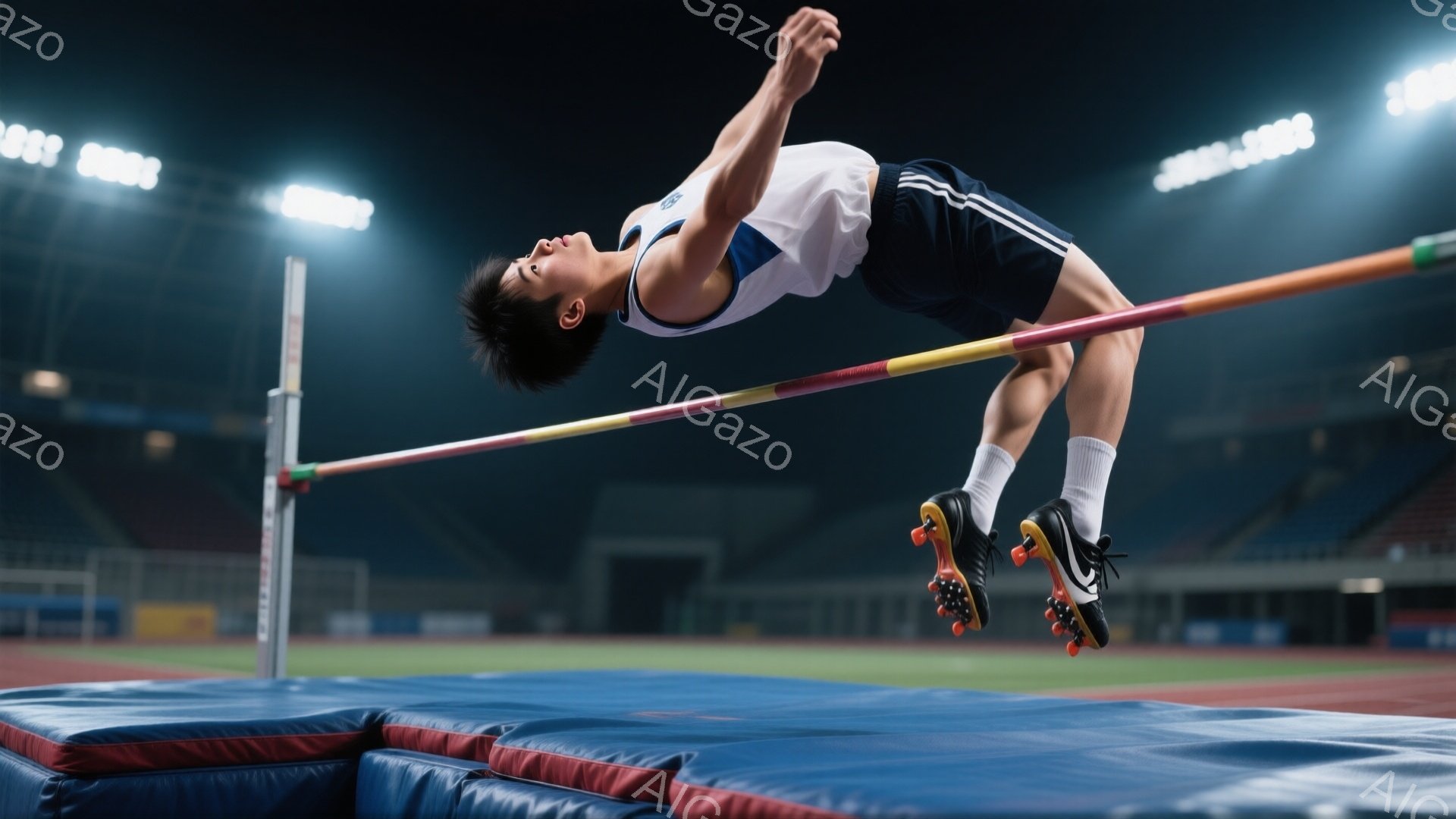 男子が棒高跳びの最中に写っている。彼は白いシャツに黒いショーツ姿で、髪は短く整えられ、集中した表情をしている。青いマットの上で体を反らせ、バーを越えようとしている躍動的な瞬間を捉えている。