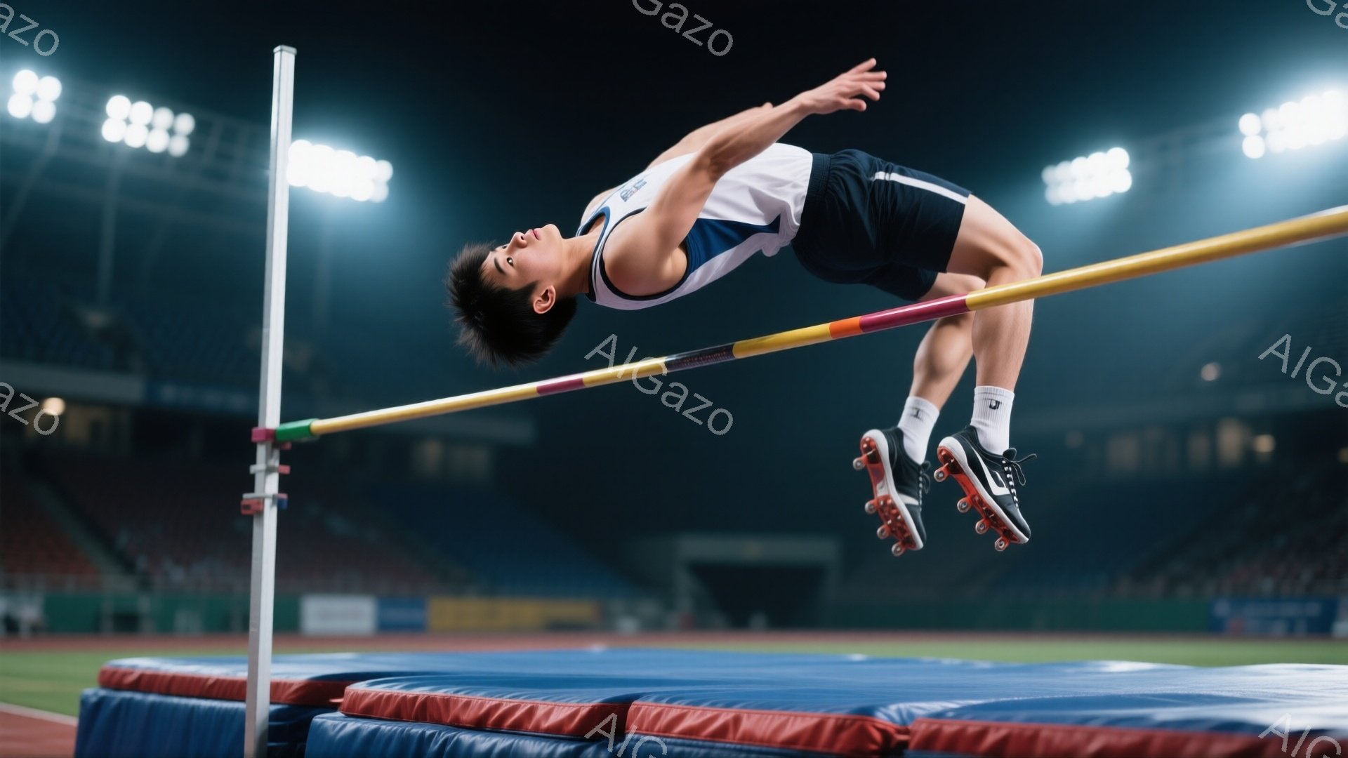 男子は高い棒高跳びのバーを飛び越えようとしています。彼は白のタンクトップと紺色の短パン、白い靴下とスパイクシューズを身に着け、短髪で集中した表情をしています。背景には観客席と暗いスタジアムが見え、競技の緊張感と躍動感が伝わってきます。