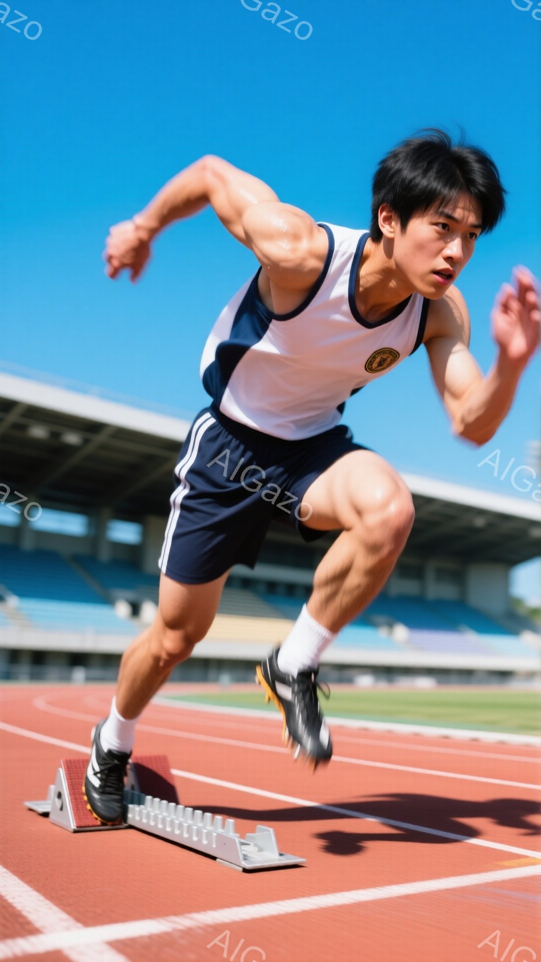 競技場を背景に、スタートラインから飛び出す男性の陸上選手が写っている。紺色の短パンと白いタンクトップを着用し、集中した表情で前を見据えている。青空の下、赤いトラックと観客席が広がり、競技の活気を感じさ - AI生成フリー素材