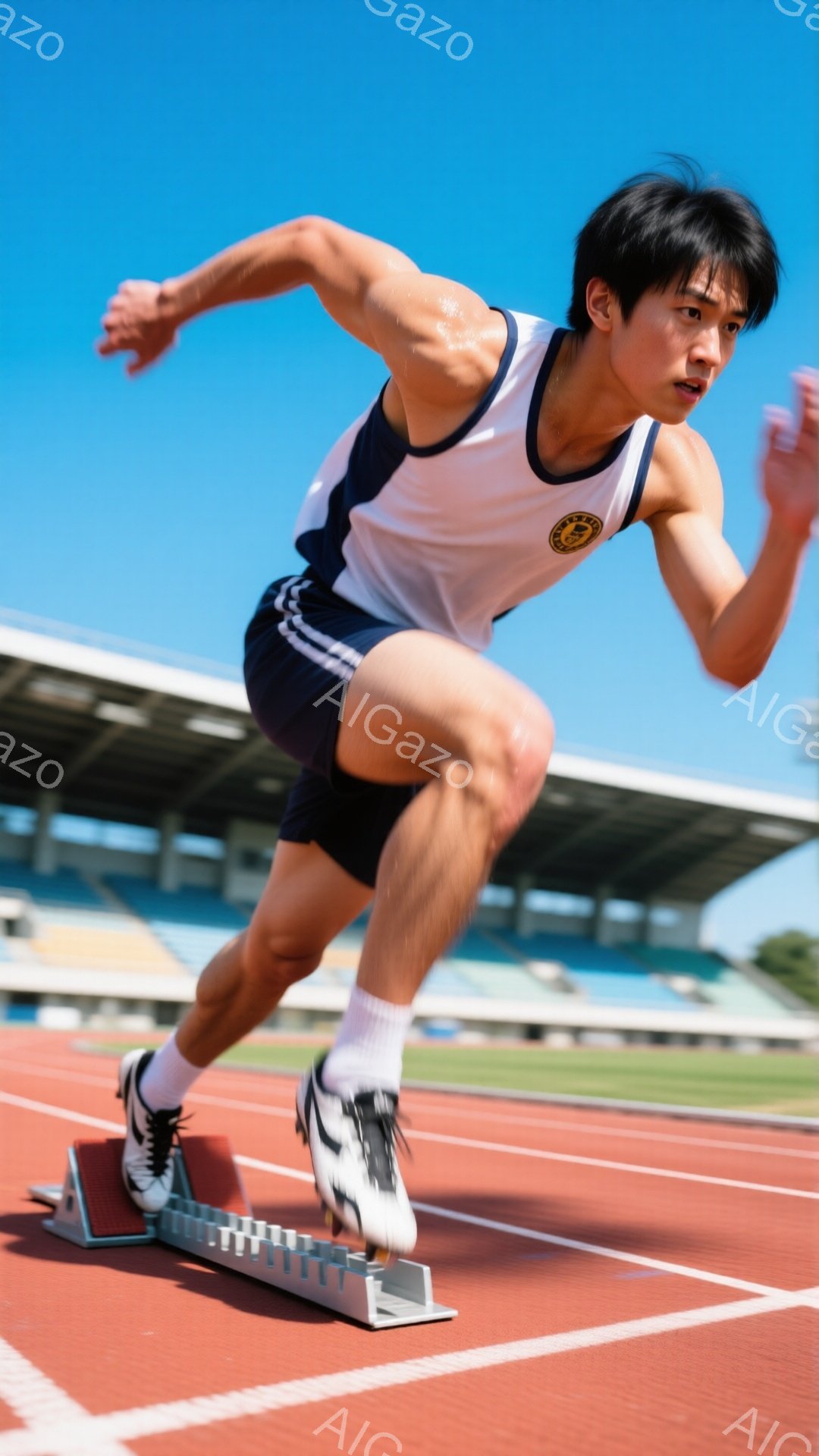 競技場をスタートする男性ランナーが写っている。彼は白いタンクトップに黒いショーツ姿で、黒いランニングシューズを履いている。表情は真剣で、前傾姿勢でスタートブロックから飛び出そうとしている。