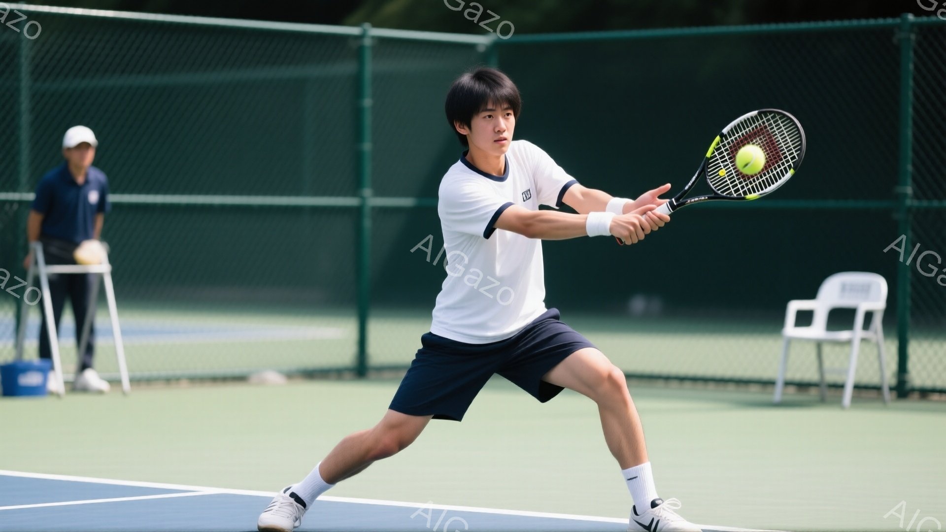 若いテニス選手がフォアハンドストロークを打っている瞬間を捉えた写真です。白いポロシャツに紺色のショーツ、白いソックスとスニーカーを着用し、黒髪を短く整えています。背景には緑豊かなテニスコートと、観戦していると思われる人物、そして白い椅子が見え、晴天の下での活気ある練習風景が伝わってきます。