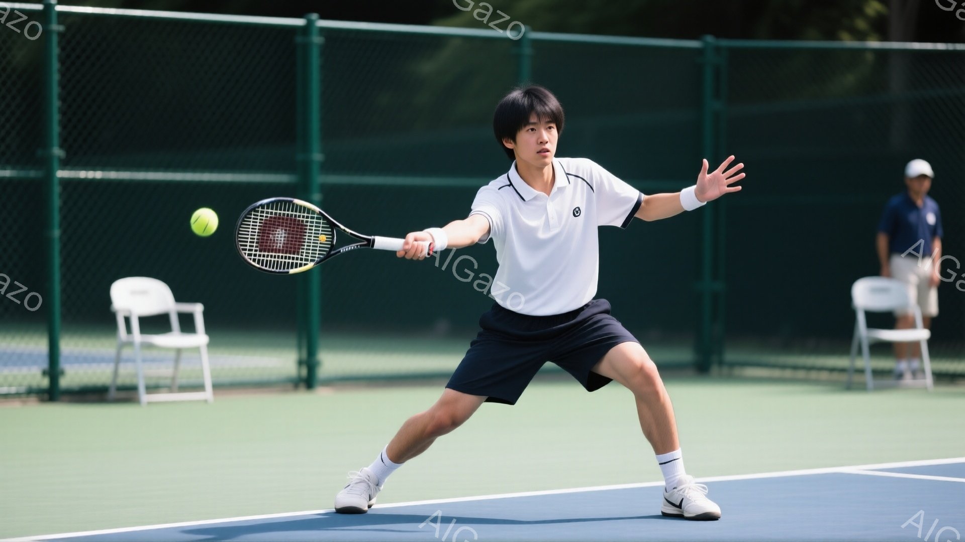 若い男性テニス選手がフォアハンドストロークを打とうとしている瞬間を捉えた写真です。白のポロシャツに黒のハーフパンツ、そして白いスニーカーを着用し、黒髪を短く整えています。背景には青いテニスコート、緑色のフェンス、そして遠くにぼんやりと見える椅子と人物が見えます。