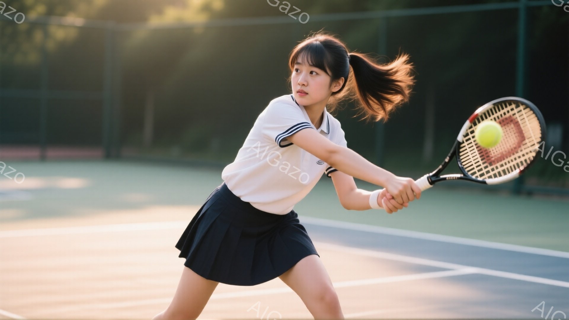 黒い短いスカートと白いポロシャツを着た若い女性がテニスをしている様子が写っている。彼女はテニスラケットを振りかぶり、ボールを打とうとしている構えで、真剣な表情をしている。背景には緑色のテニスコートと、 - AI生成フリー素材