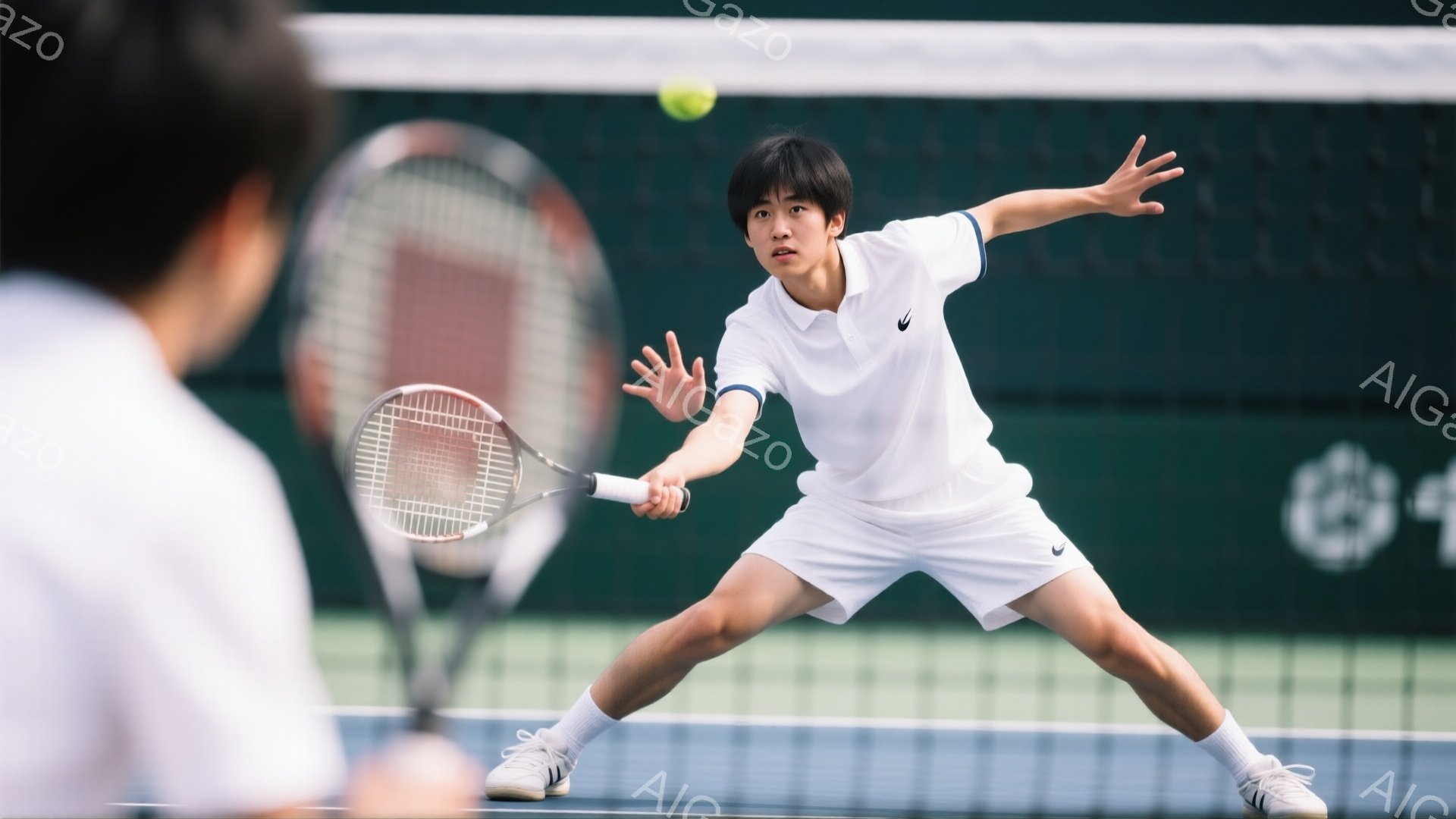 若いテニス選手が、テニスコート上でボールを打とうとしている瞬間を捉えた写真です。白いポロシャツと白いショートパンツ、そしてスニーカーを着用し、黒髪のヘアスタイルで、集中した表情でラケットを構えています。背景は緑色のコートで、ネット越しに相手選手が見え、晴天の下で活気のあるテニスの試合が行われている様子が伝わってきます。