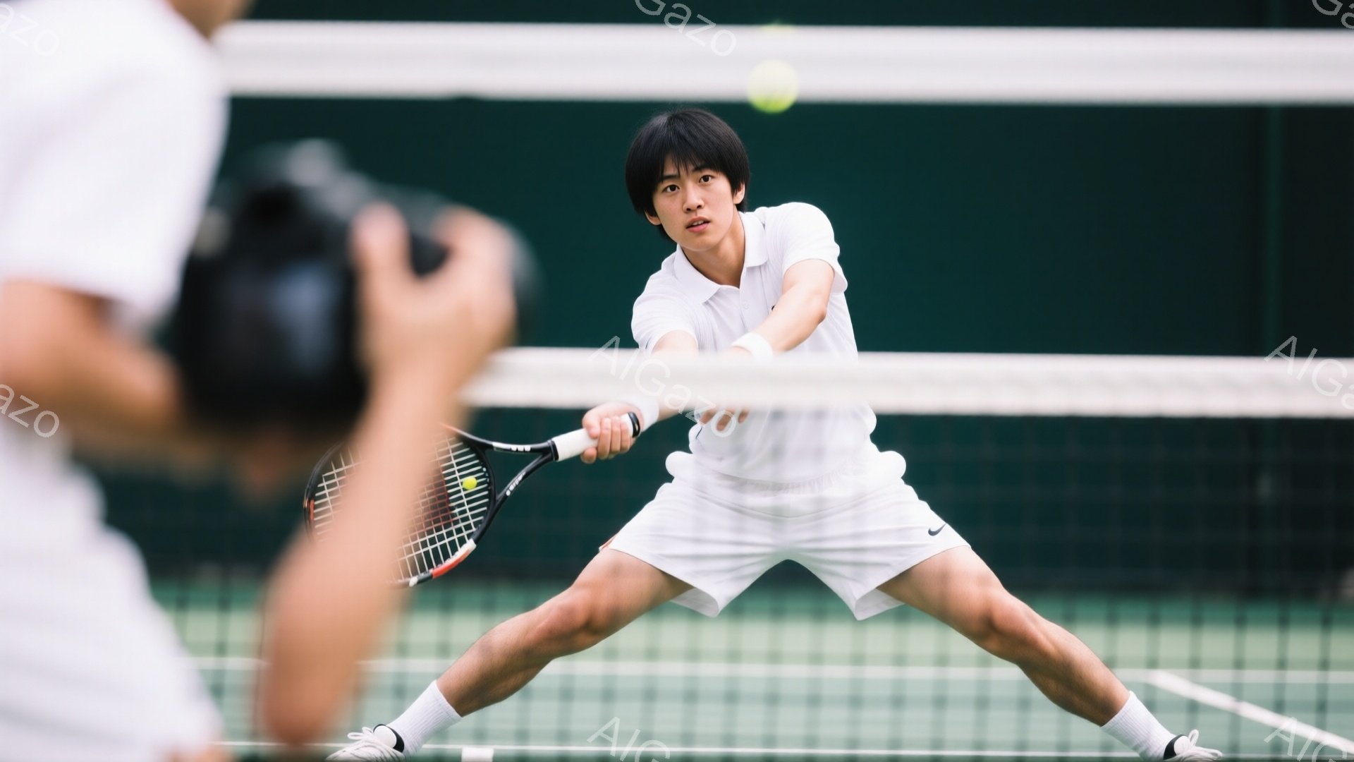 白いテニスウェアを着た若い男性が、フォアハンドストロークでボールを打とうとしている瞬間を捉えた写真です。彼は膝を曲げ、少し前傾姿勢で、集中した表情でラケットを構えています。背景は緑色のテニスコートで、 - AI生成フリー素材