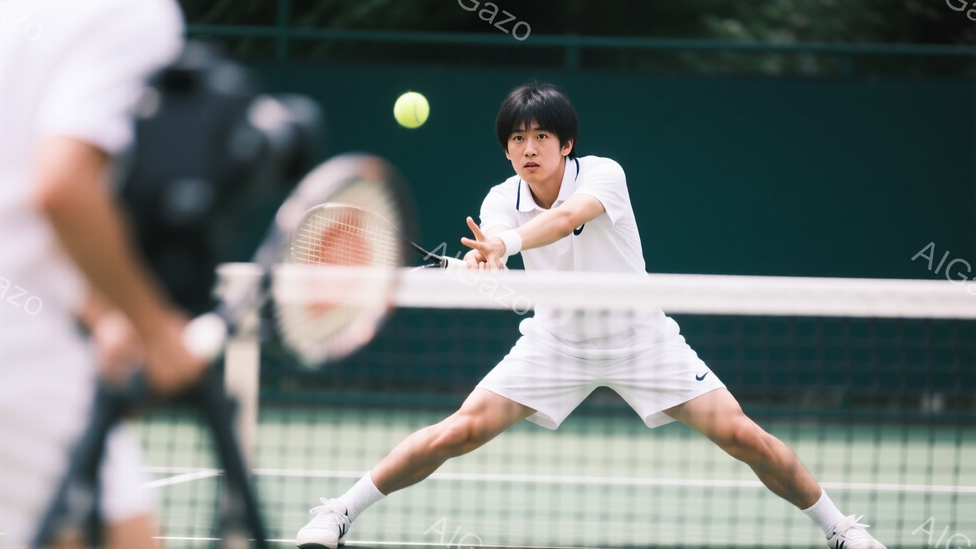 若いテニス選手が、緑のコートでテニスをしている様子が写っている。彼は白いポロシャツと短い白いショーツ、白いソックスとスニーカーを着用し、黒髪を短く整えている。構えの姿勢でラケットを構え、ボールを打とう - AI生成フリー素材