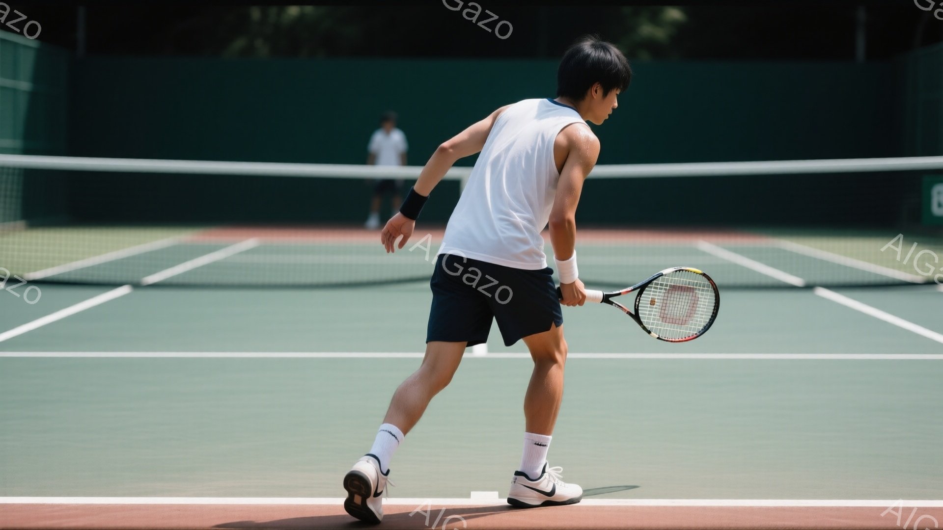 男子は白いタンクトップと紺色の短パン、白いソックスとスニーカーを履いて、テニスコートに立っている。彼は後ろを振り返り、ラケットを握って準備万端の姿勢をとっている。背景は緑のテニスコートとネットで、遠く - AI生成フリー素材