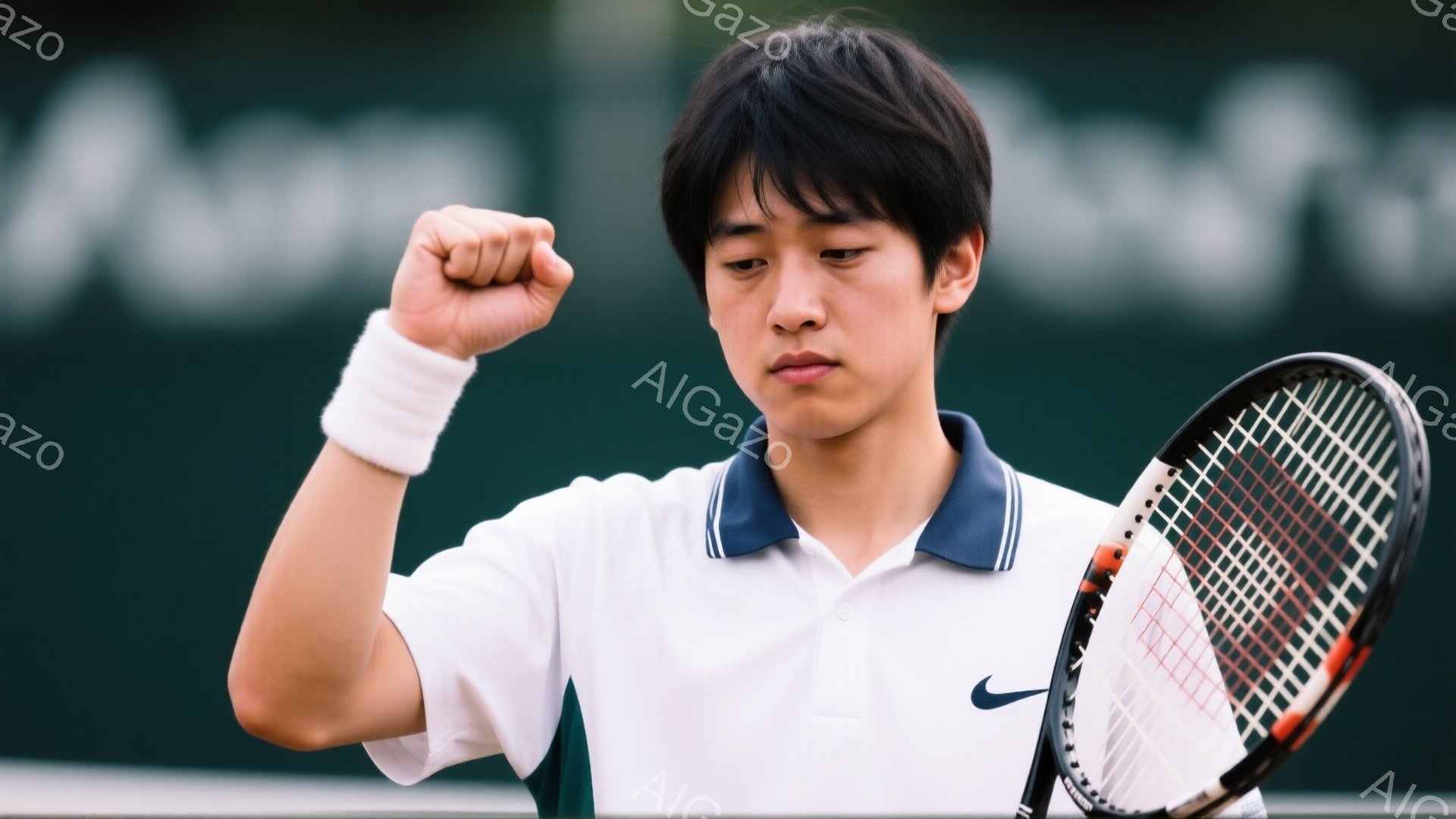 若い男性テニス選手が、片手を握りしめて勝利をアピールしている様子が写っている。白い襟付きのテニスウェアに身を包み、黒髪を短く整えている。背景は緑色のコートで、ぼやけた観客席とロゴが見える。 - AI生成フリー素材