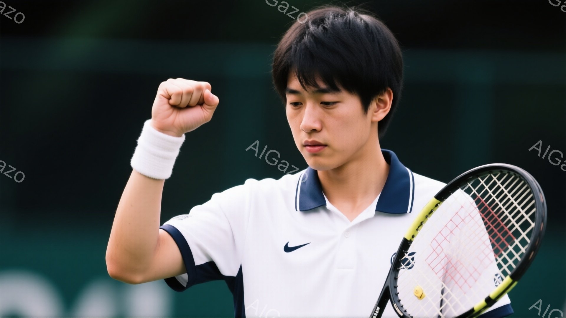 若い男性テニス選手が、勝利をアピールするかのように拳を握りしめています。白のポロシャツに紺色のライン、白いリストバンドを着用し、黒髪を短く整えています。背景は緑豊かなテニスコートで、観客席や自然が見え - AI生成フリー素材