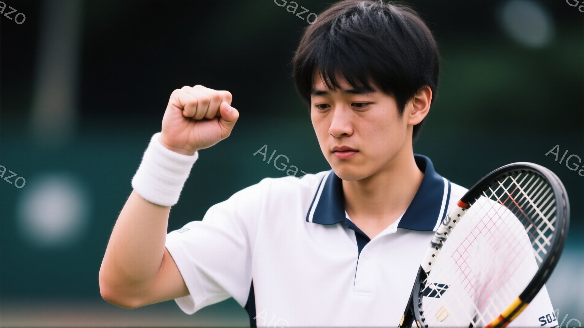 若い男性テニス選手が、勝利をアピールするように握りこぶしを高く突き上げています。白いポロシャツに紺色のライン、白いリストバンドが印象的で、短髪で整った髪型をしています。背景は緑色のぼやけたテニスコート - AI生成フリー素材