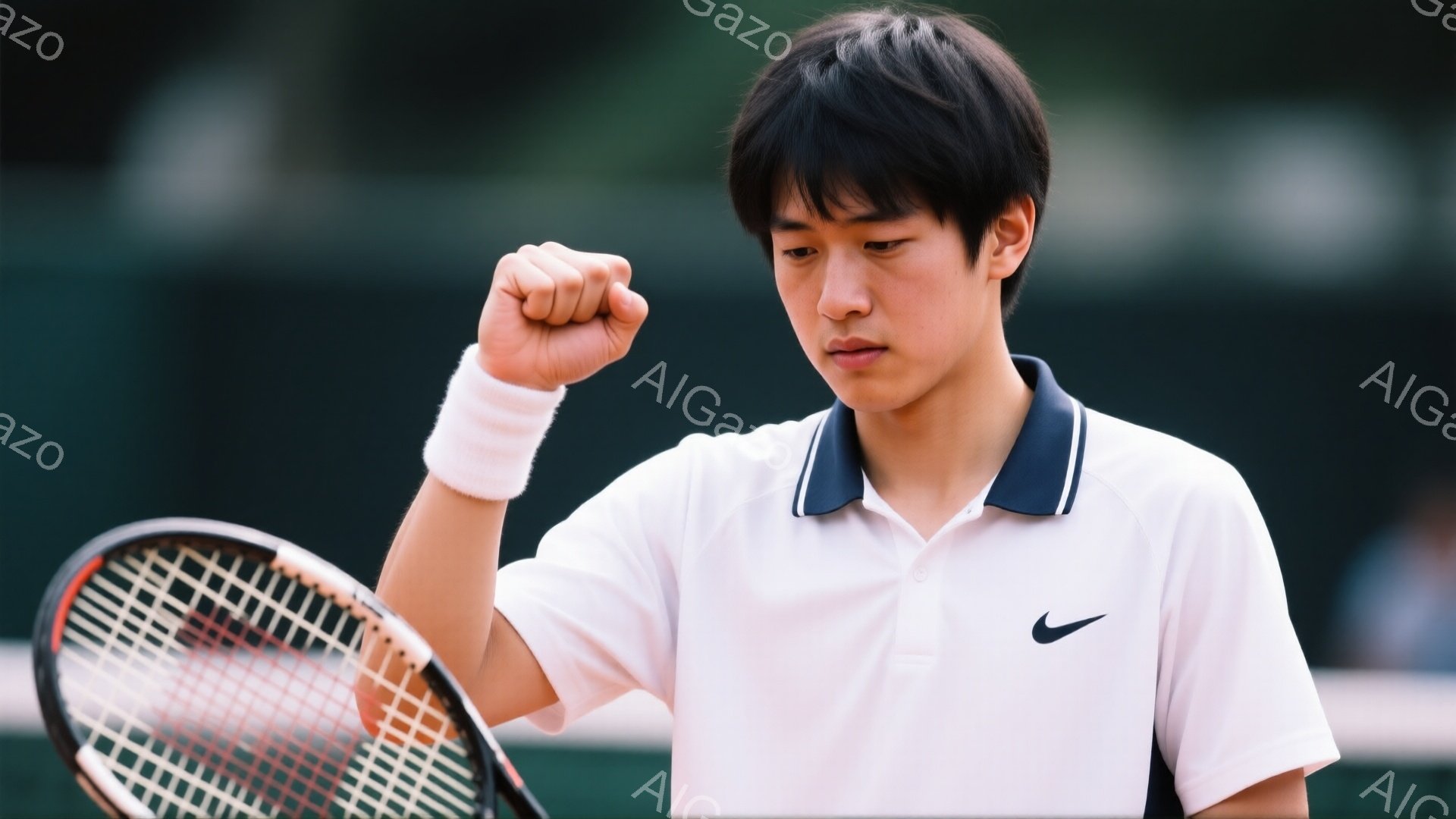 若い男性テニス選手が、試合中に勝利をアピールするように握りこぶしを高く突き上げています。白のポロシャツにネイビーのラインが入り、手首には白いリストバンドを着用し、黒髪を短く整えています。背景は緑豊かな - AI生成フリー素材