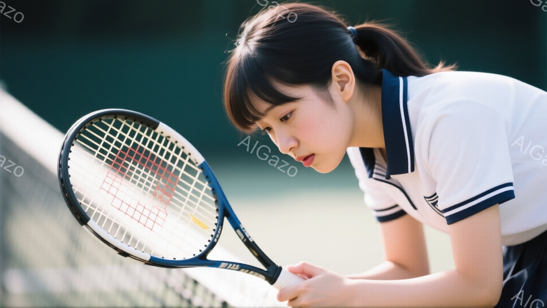 画像には、テニスラケットを握り、コートを見下ろす若い女性が写っています。彼女は白いポロシャツに紺色のラインが入っており、髪は後ろでポニーテールにまとめています。表情は真剣で、集中している様子が伝わってきます。