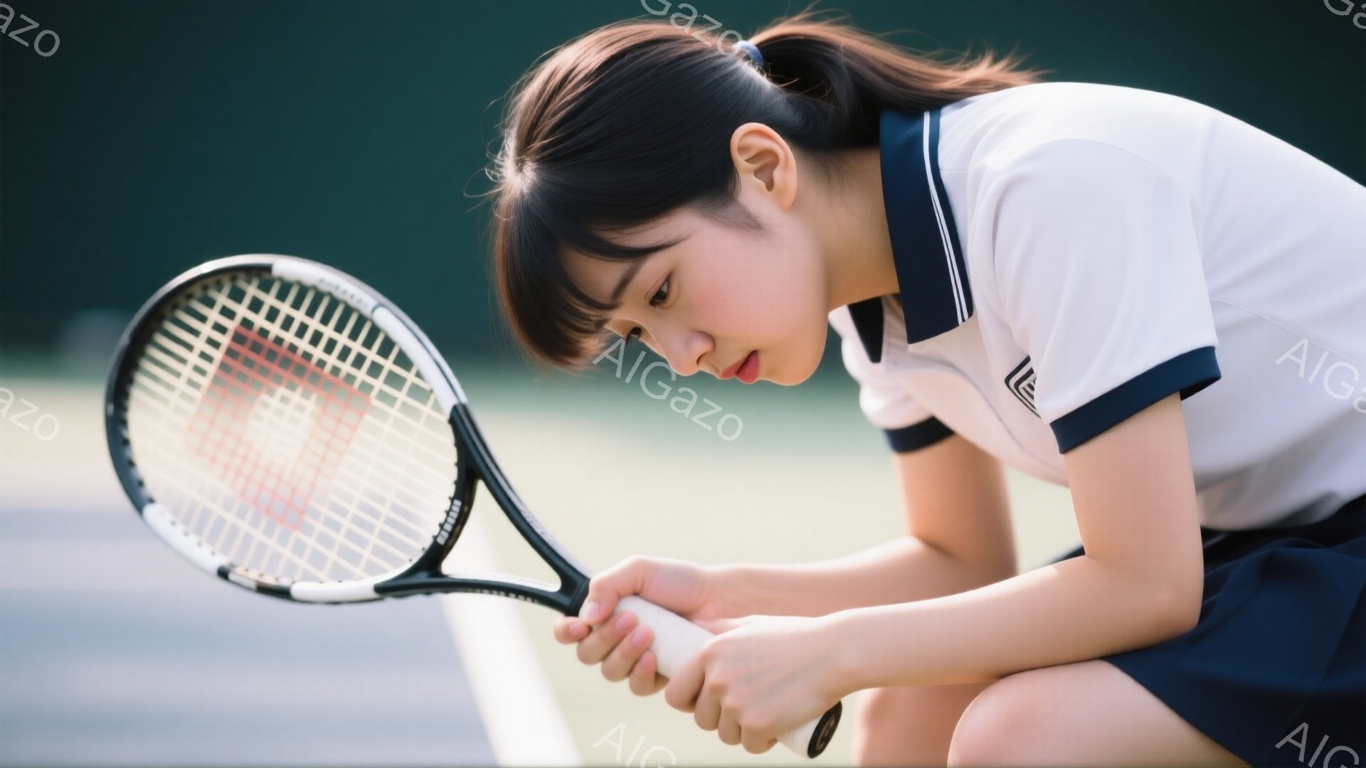黒髪をポニーテールにした若い女性がテニスコートの上に膝をついており、テニスラケットをしっかりと握っています。彼女は白いポロシャツに紺色のスカートを着用し、少しうつむき加減で、どこか物憂げな表情をしています。背景は緑色のテニスコートで、光の当たり具合から晴天の日のように見えます。