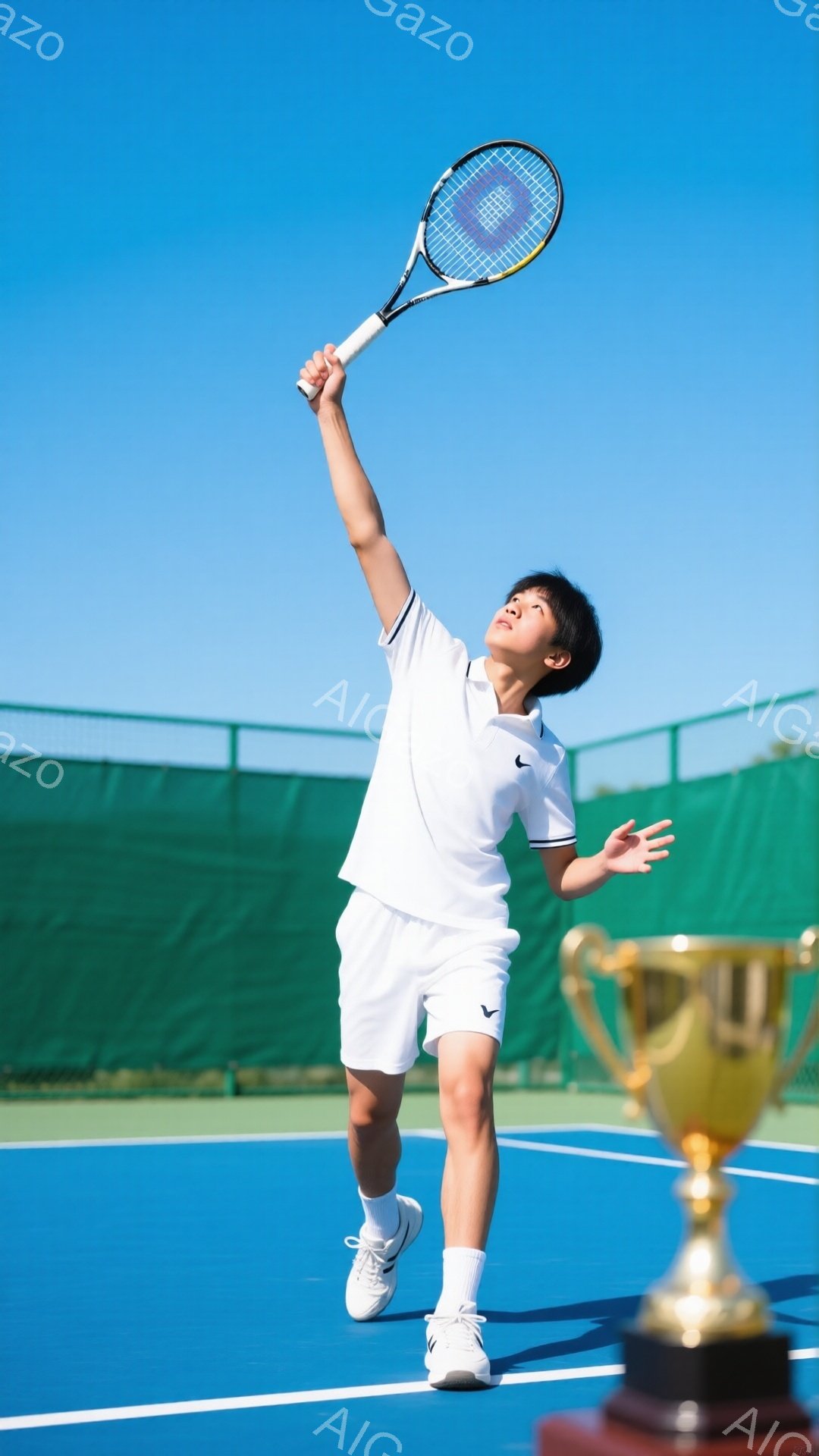 若いテニス選手がサーブを打つ瞬間を捉えた写真です。白いポロシャツと短パン姿で、髪は短く整えられ、集中した表情でラケットを高く掲げています。背景には青いテニスコートと緑のフェンス、そして晴れた青空が広がり、金色のトロフィーが彼の勝利を予感させます。