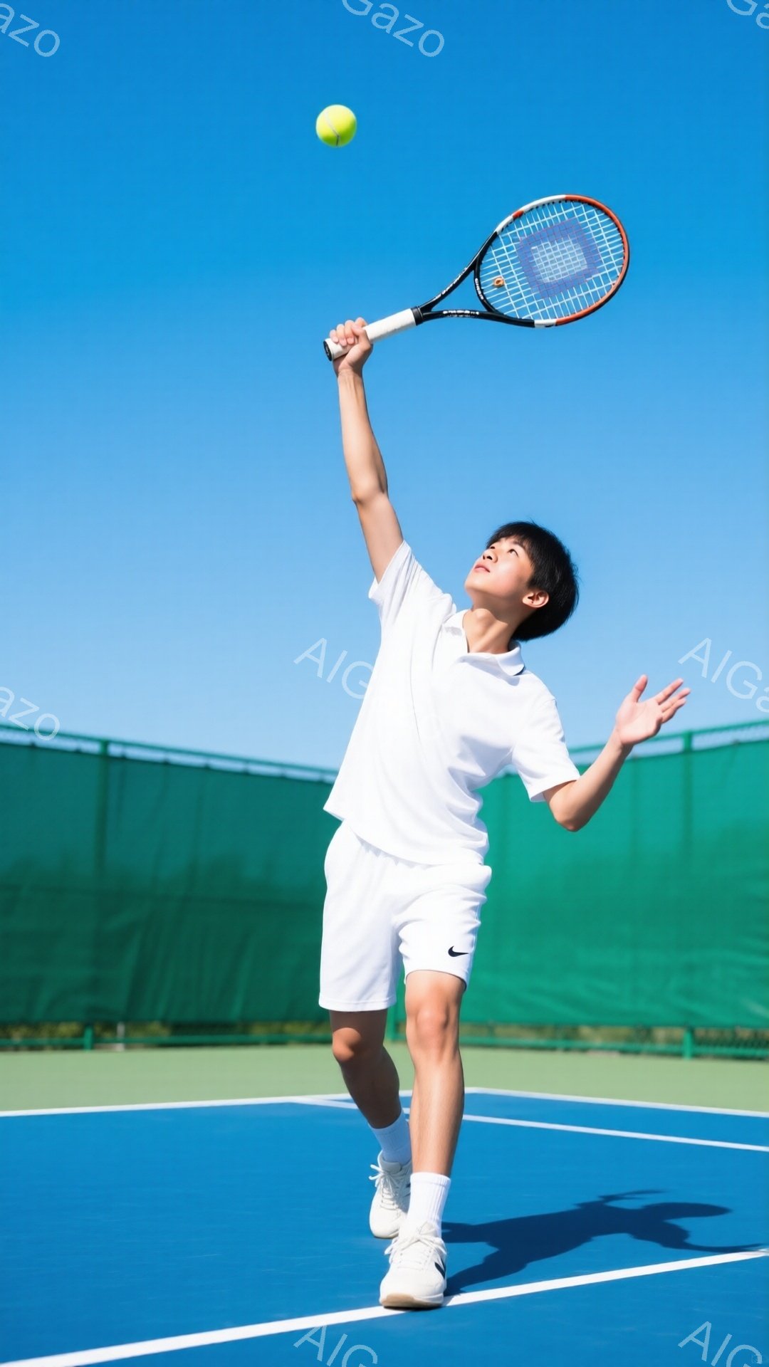 若い男性がテニスをしている写真です。白いポロシャツと短パン、白い靴下とテニスシューズを着用し、髪は短く整えられています。彼はテニスラケットを高く振りかぶり、空中のボールを打ち返そうとするダイナミックな姿勢で、背景には緑色のネットと青いテニスコート、そして晴れた青空が広がっています。