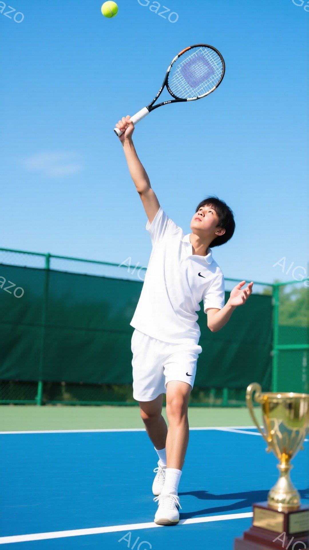 少年はテニスコート上でサーブを打とうとしているところだ。白いポロシャツと白いショーツを着用し、髪は短く整えられている。背景は青い空と緑のフェンスで、コートのラインが鮮やかで、右下には金色のトロフィーが置かれている。
