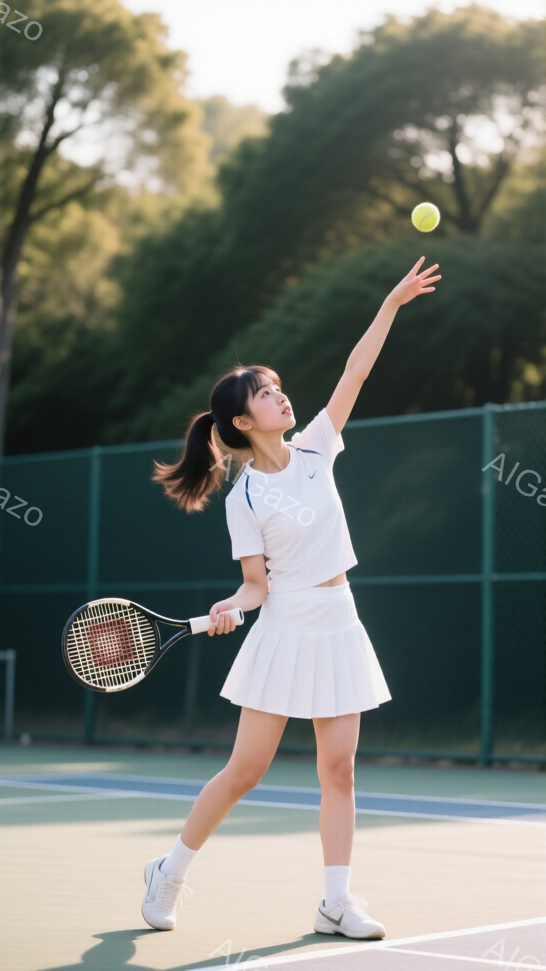 白いテニスウェアに身を包んだ若い女性が、テニスコートでサーブの準備をしている様子が写っている。彼女は髪をポニーテールにし、集中した表情でボールを見上げ、片手を高く伸ばしている。背景には緑のフェンスと木々が見え、晴天の下で爽やかな雰囲気が漂っている。