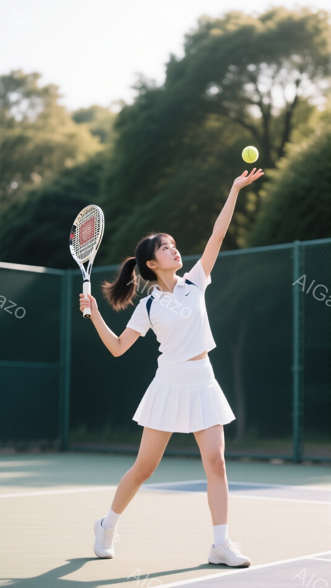 白いポロシャツと白いプリーツスカート、白いスニーカーを身に着けた若い女性が、テニスボールをサーブしようとしています。彼女は髪をポニーテールにし、顔は真剣な表情で、右手を高く上げてボールを投げています。背景には緑色のフェンスと緑豊かな木々が見え、晴れた日の屋外テニスコートで撮影されたようです。