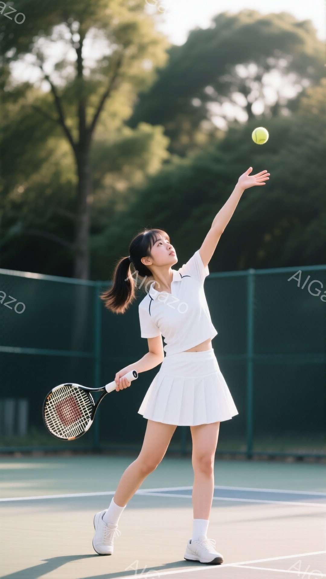 明るい屋外テニスコートで、若い女性がテニスボールをサーブしようとしています。白いポロシャツとプリーツスカート、白いソックスとスニーカーを着用し、髪はポニーテールに結んでいます。背景には緑のフェンスと木々が見え、晴天で明るい雰囲気です。