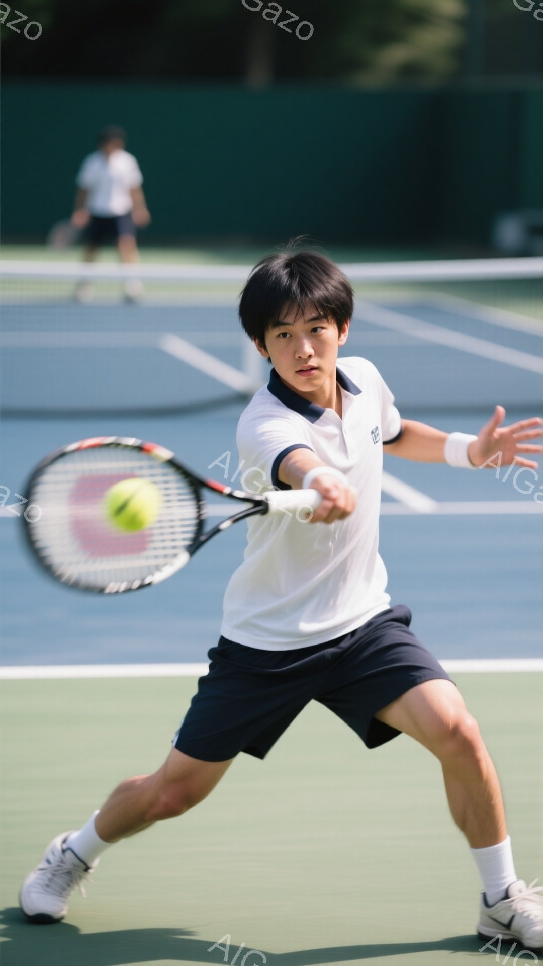 テニスをしている若い男性が写っている。白いポロシャツと紺色の短パンを着用し、白いソックスとテニスシューズを履いている。彼はテニスラケットを振りかぶり、ボールを打とうとしている構えで、集中した表情をして - AI生成フリー素材