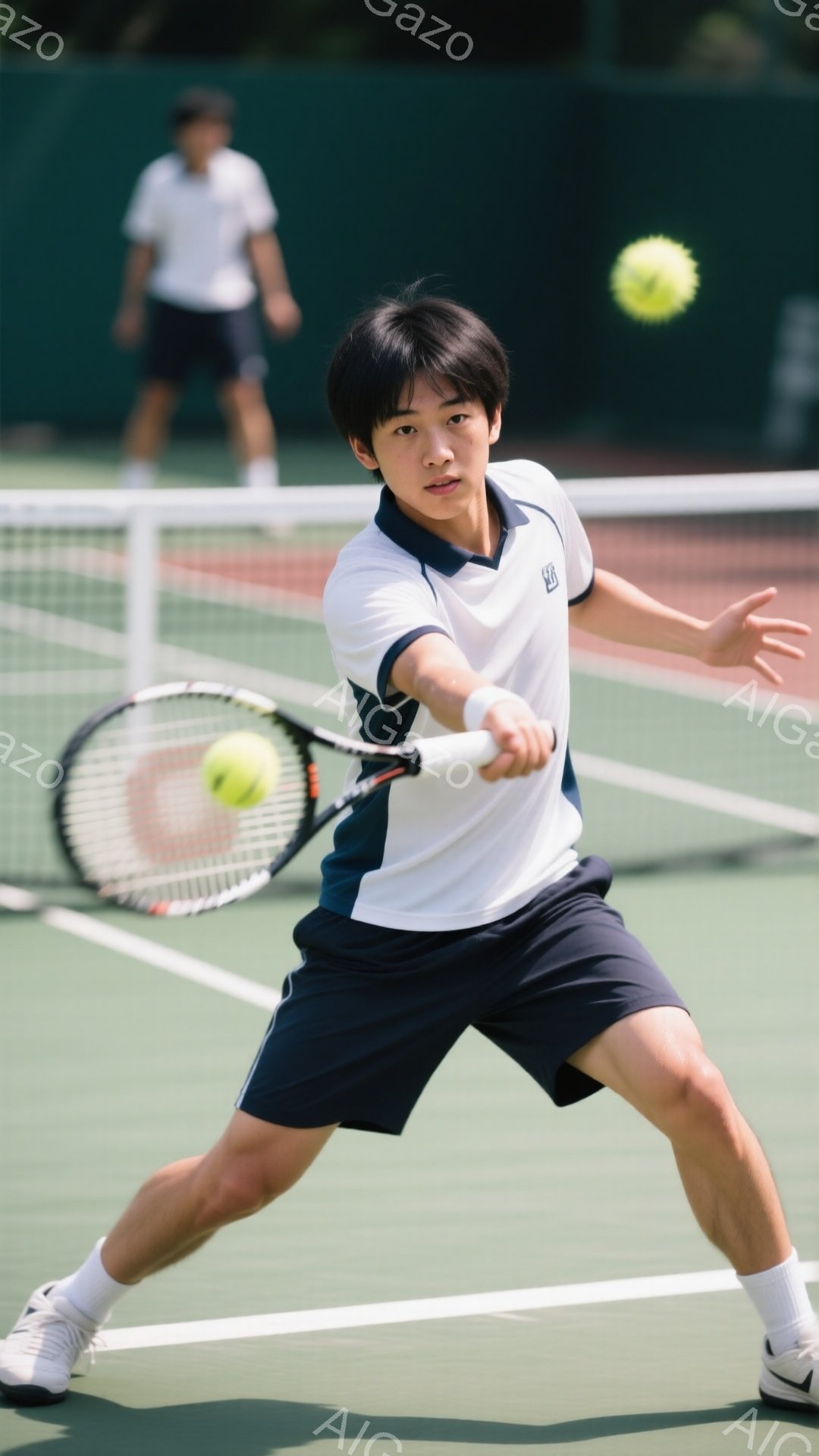 若いテニス選手がフォアハンドストロークを打つ瞬間を捉えた写真です。白と紺のポロシャツとショーツを着用し、髪は短く整えられています。背景には、緑のテニスコートとぼやけた人物、そして少しの緑が見え、晴れた日の活気ある練習風景が伺えます。