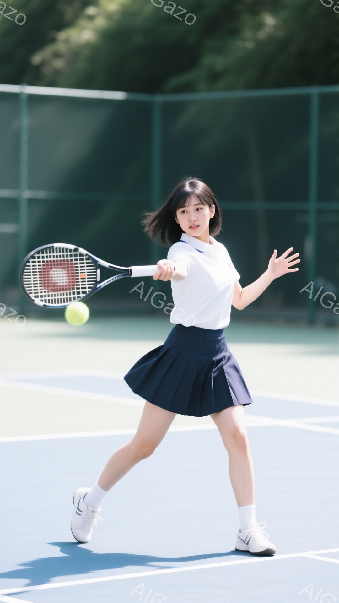 青いテニスコートで、短い紺色のプリーツスカートと白いポロシャツを着た若い女性がテニスをしている様子が写っています。彼女は右手にテニスラケットを持ち、フォアハンドでボールを打とうとする姿勢で、髪は肩まで伸びたストレートヘアで、表情は真剣です。背景には緑のフェンスと木々が見え、晴れた日のテニスを楽しむ活気のある雰囲気が伝わってきます。