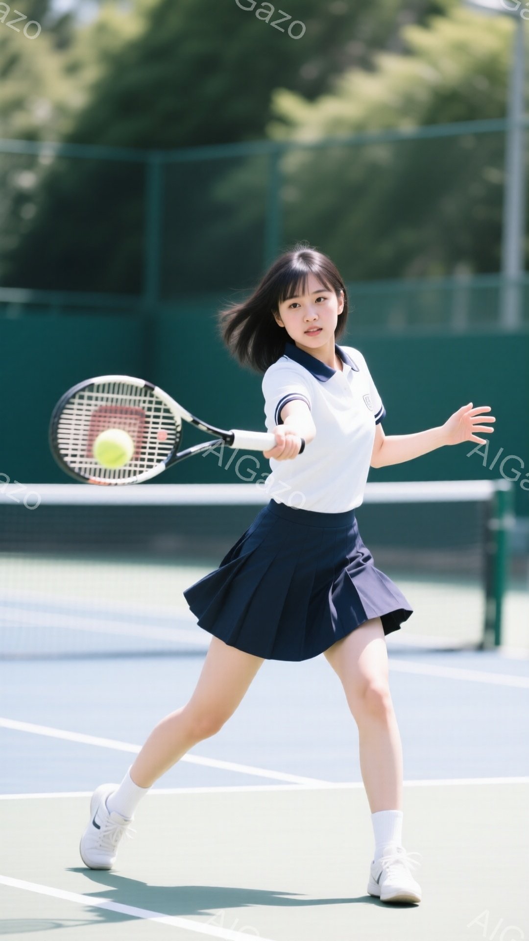 女子はテニスコート上でテニスをしている。白いポロシャツと紺色のプリーツスカート、白い靴下とスニーカーを着用し、髪は前髪を出し、後ろでポニーテールにしている。彼女はボールを打つために体を捻り、力強いフォアハンドの姿勢を見せている。