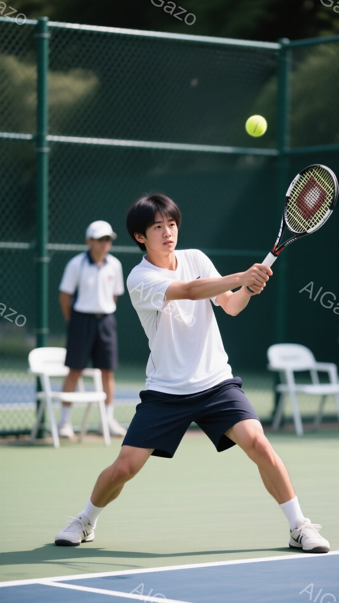 若い男性テニス選手がフォアハンドストロークを打つ瞬間を捉えた写真です。彼は白いTシャツと紺色の短パン、白い靴下とスニーカーを着用し、黒髪を短く整えています。背景には、白の椅子と、ぼやけたテニスをしてい - AI生成フリー素材