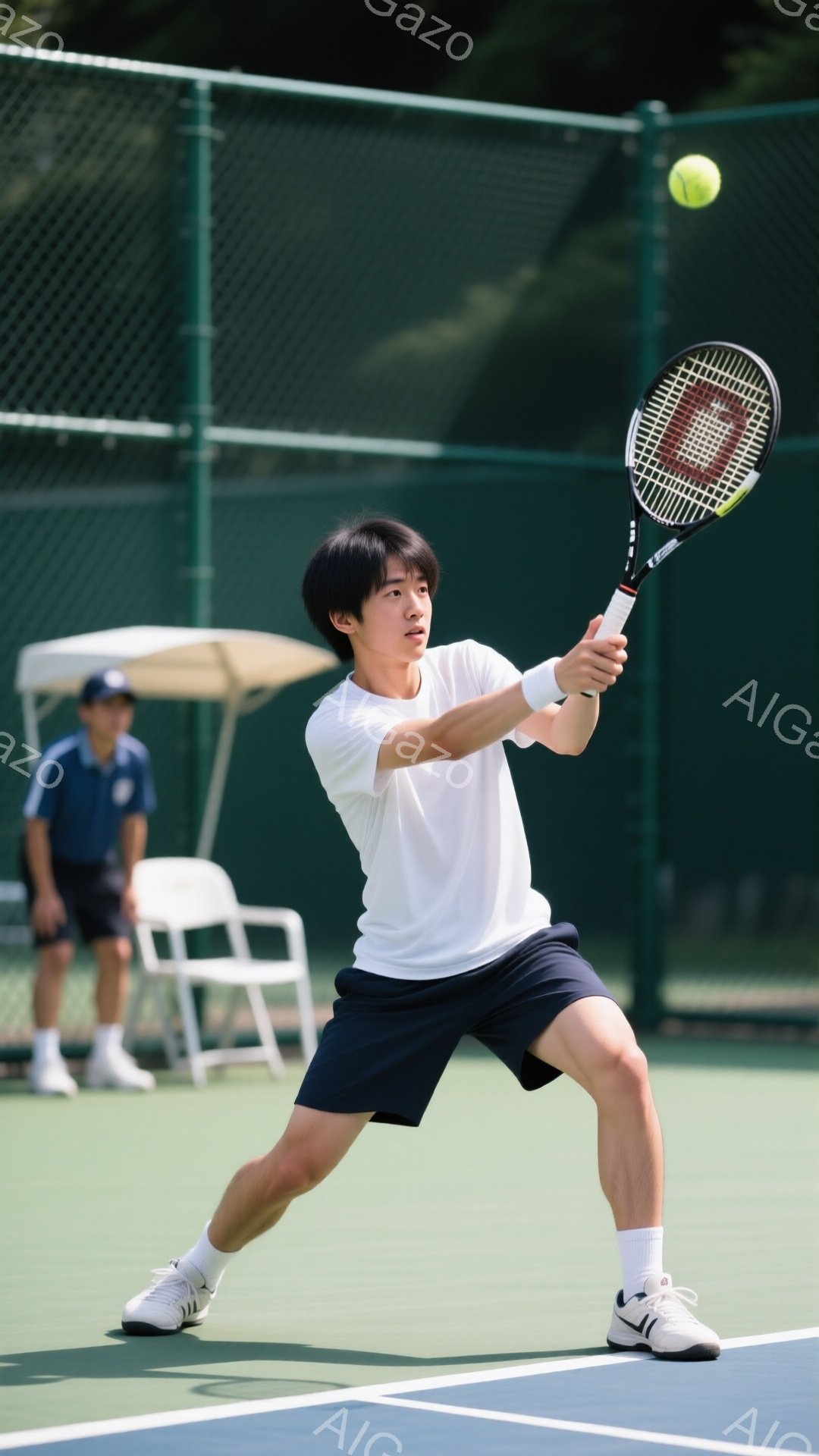 若い男性テニス選手が、テニスボールをフォアハンドで打ち返す瞬間を捉えた写真です。白のTシャツと紺色の短パン、白いソックスとテニスシューズを着用し、髪は短く整えられています。背景には、テニスコートのネッ - AI生成フリー素材