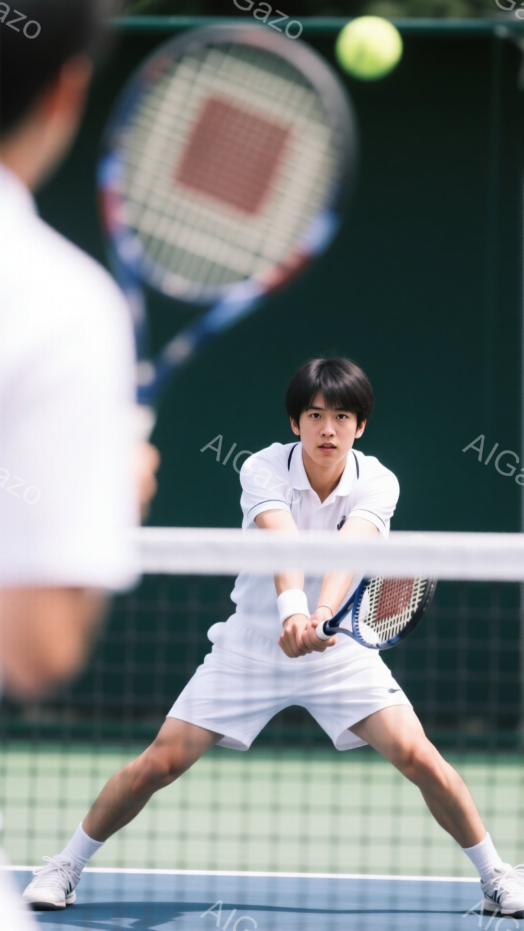 若いテニス選手がコートに立っており、白のポロシャツと短パン、白のソックスとスニーカーを身に着けている。彼は膝を曲げ、ラケットを前に構え、ボールを打つ準備をしているような姿勢で、真剣な表情をしている。背景にはネットとぼやけた相手選手、そして緑豊かな風景が見え、晴れた日のテニスコートでの試合の様子を表している。