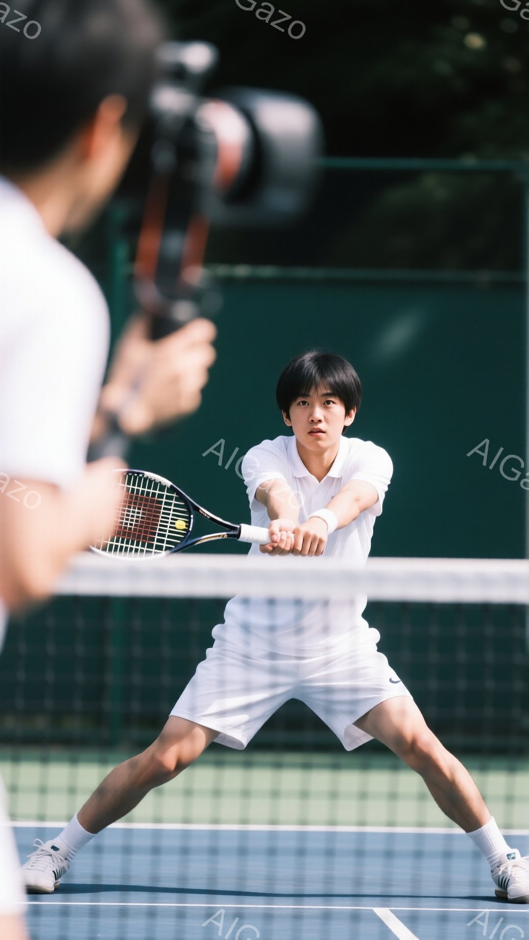 若いテニス選手が試合中にボールを待つ構えをとっています。白いポロシャツと短い白いショーツ、白いソックスとテニスシューズを着用し、黒髪を短く整えています。背景には緑のフェンスとネット、そしてぼやけた観客席が見え、晴天の下での競技の様子が伺えます。