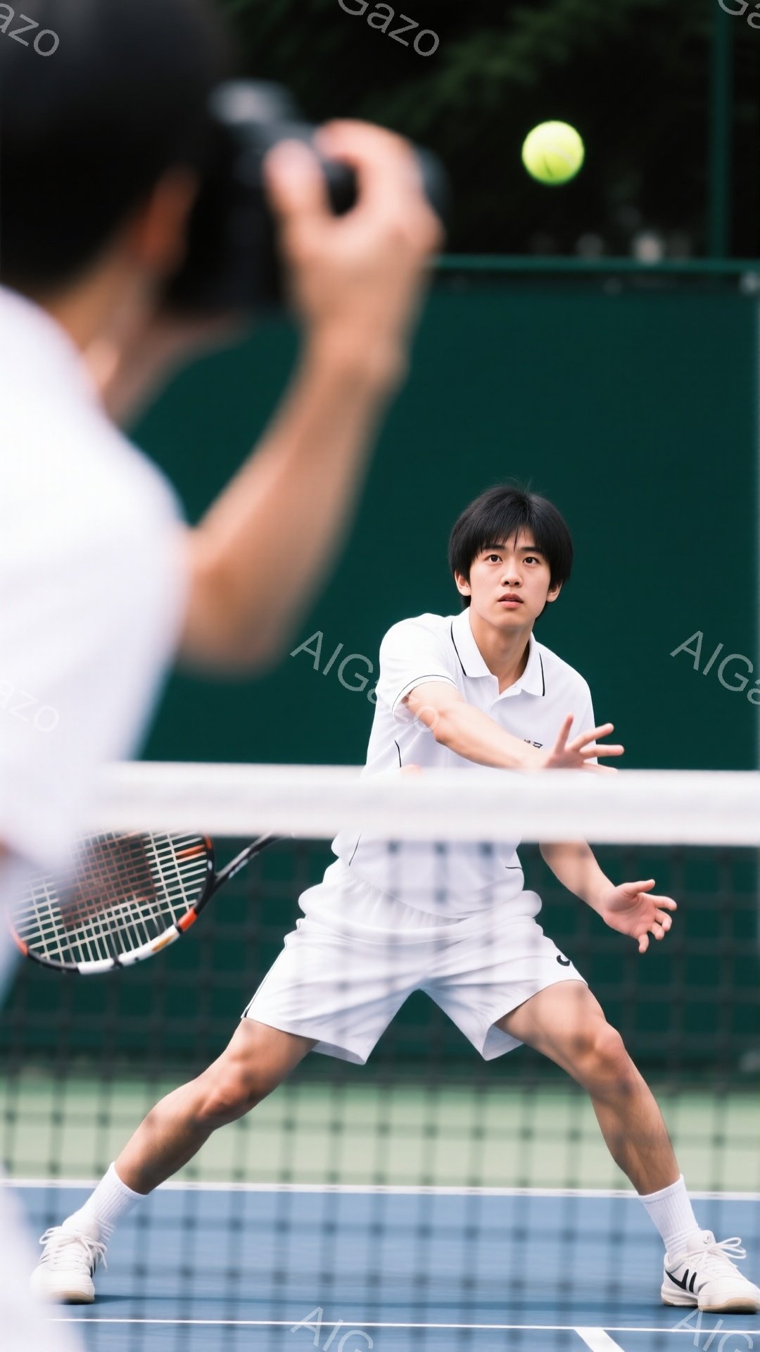 テニスプレイヤーがネット際でボールを打とうとしている瞬間を捉えた写真です。彼は白のポロシャツと短パン、白のソックスとテニスシューズを着用し、黒髪を短く整えています。背景は緑のネットとコートで、天候は晴れで、活気のあるテニスの試合の雰囲気が伝わってきます。