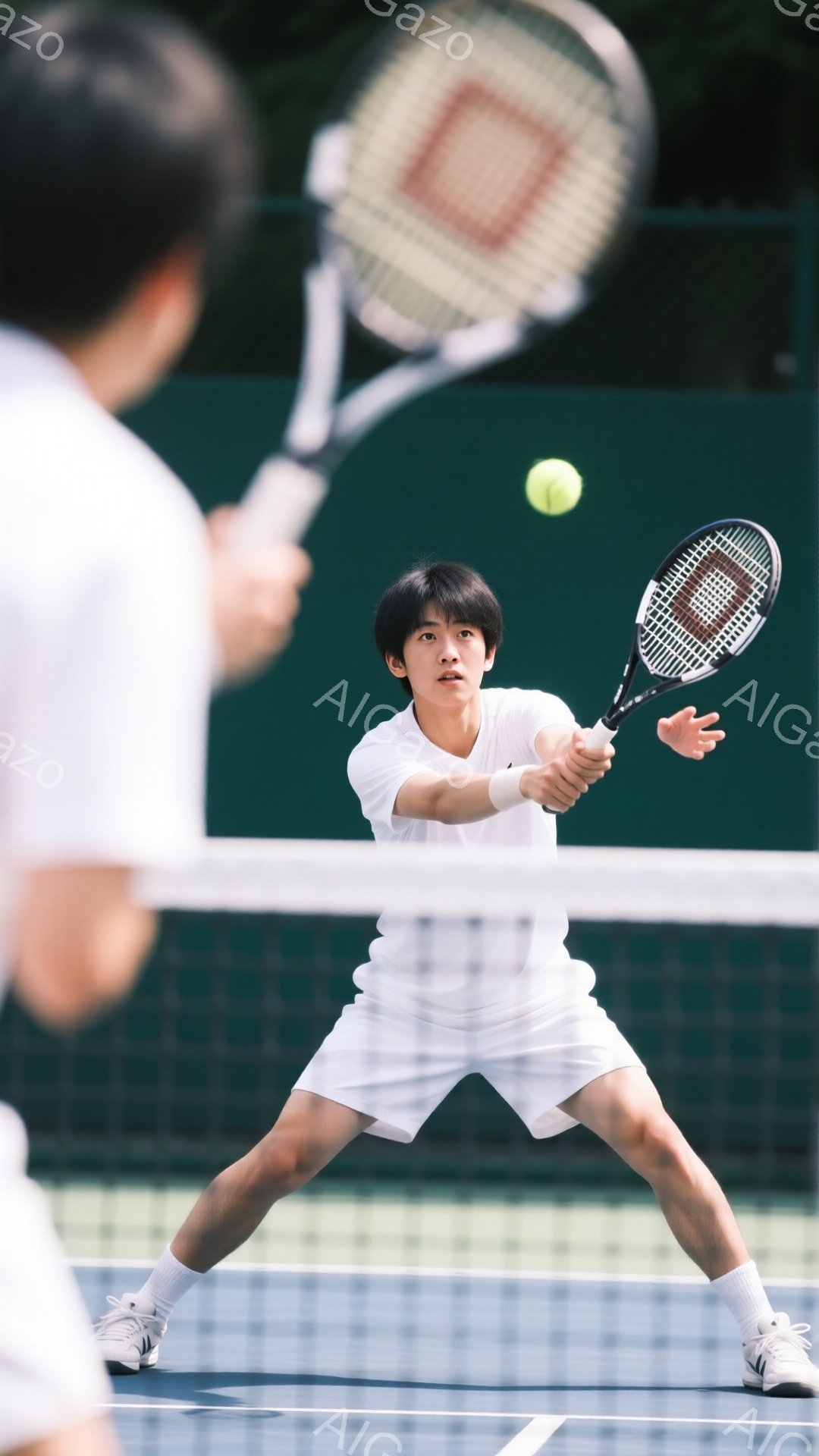 少年はテニスコートでテニスをしているところです。白いポロシャツと白い短パン、白いソックスとスニーカーを着用し、黒髪の短い髪型をしています。彼はフォアハンドでボールを打ち、集中した表情で前傾姿勢をとっています。