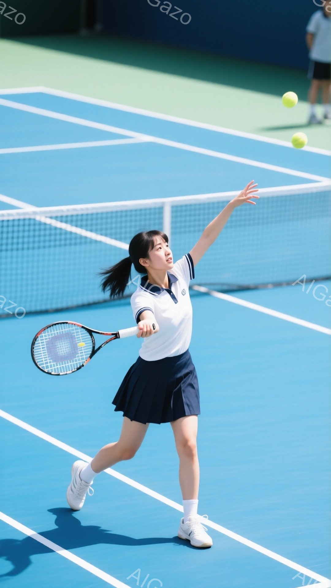 青いテニスコートで、若い女性がテニスをしている様子が写っている。白いポロシャツに紺色のプリーツスカート、白いソックスとスニーカーを履き、髪はポニーテールにしている。彼女はラケットを振りかぶり、ボールを打とうとする姿勢で、動きのある瞬間を捉えている。
