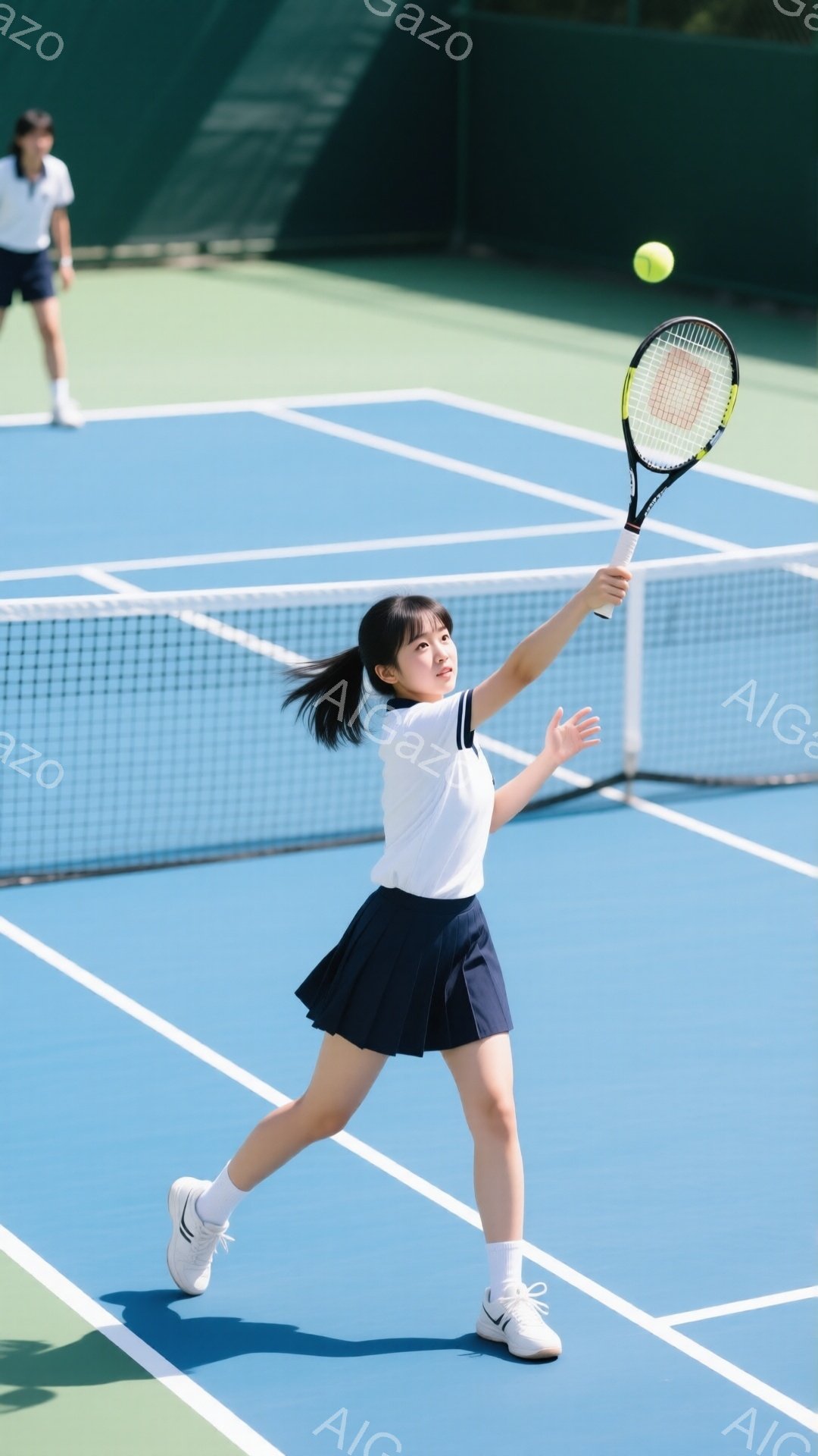 青いテニスコートで、紺色のスカートと白いポロシャツを着た少女がテニスラケットを高く上げてサーブをしようとしています。彼女は黒い髪をポニーテールにし、集中した表情でボールを見つめています。コートの奥には別の少女が見え、背景には緑豊かな木々が見えます。