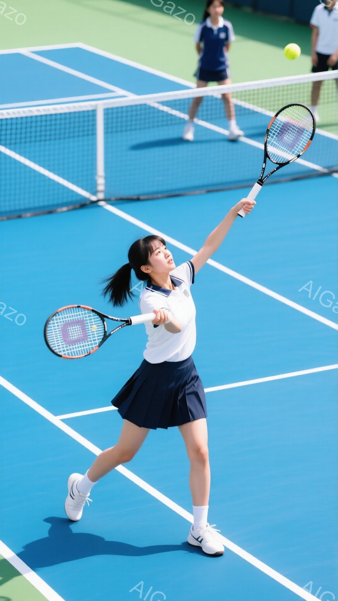 青いテニスコートで、若い女性がテニスボールをサーブする瞬間を捉えた写真です。彼女は白いポロシャツと紺色のプリーツスカート、白いソックスとスニーカーを着用し、髪はポニーテールにしています。サーブのフォームで、力強くラケットを振りかぶり、集中した表情をしています。