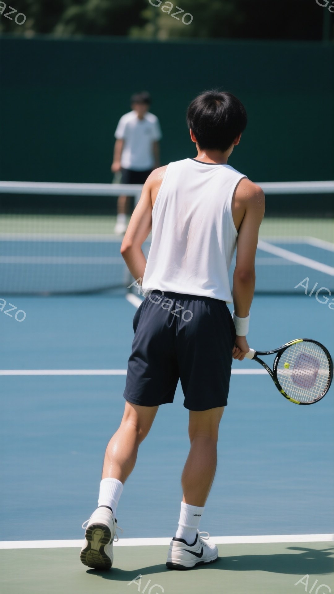 テニスコート上で、白のタンクトップと黒のショーツを着用した男性が写っている。彼はラケットを持っており、背中でコートのネット越しに、さらに奥に別のプレーヤーがいるのがぼんやりと見える。コートは明るい青色で、周囲は緑豊かな木々が生い茂り、晴天の下でのテニス練習の様子が伝わってくる。