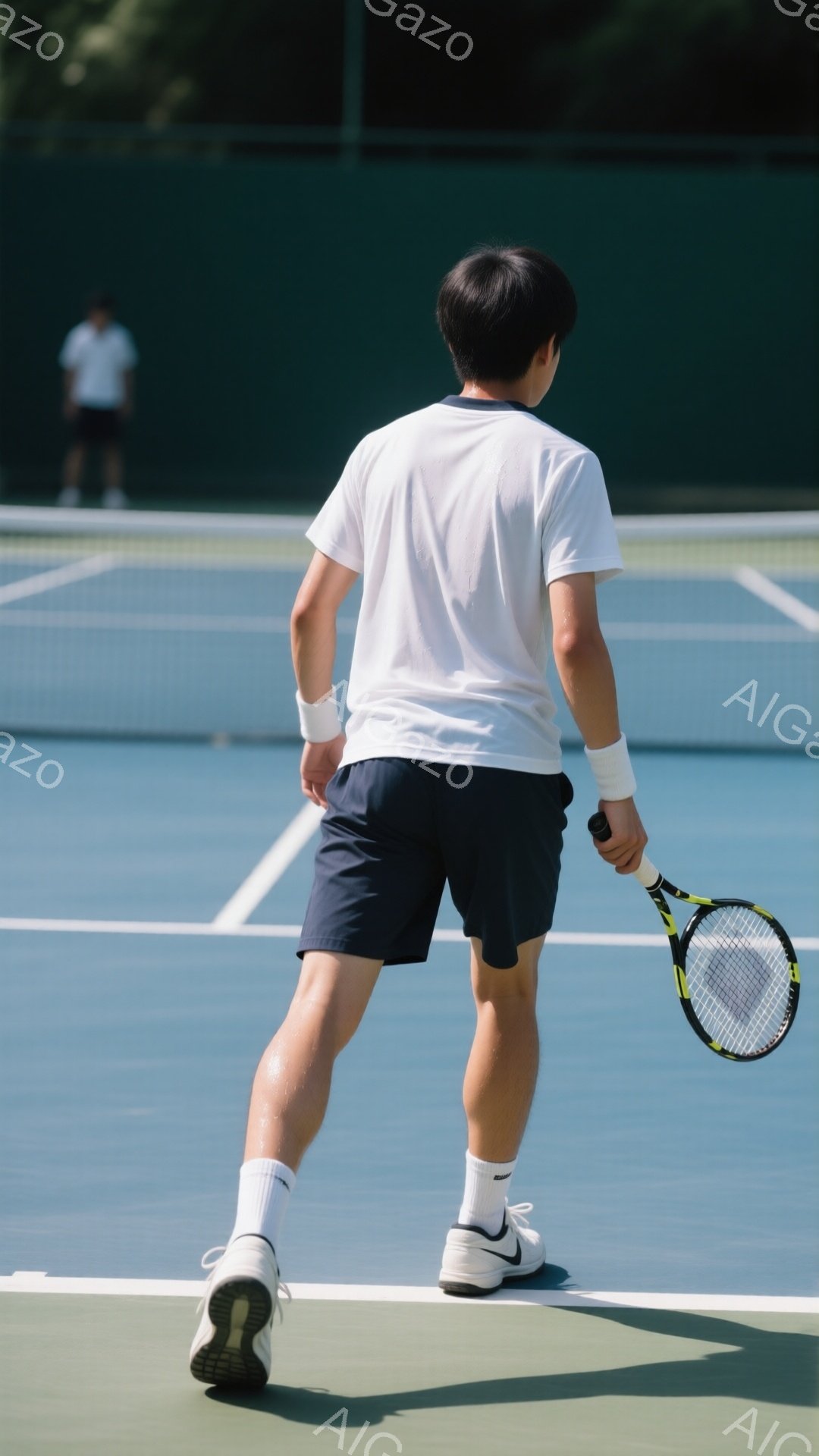 男子はテニス コート上で後ろ姿を見せています。白いTシャツ、濃い青色のショートパンツ、白いソックス、そしてスニーカーを着用し、テニス ラケットを握っています。背景には緑の木々が見え、晴れた日の屋外でのテニス練習の様子が伝わってきます。