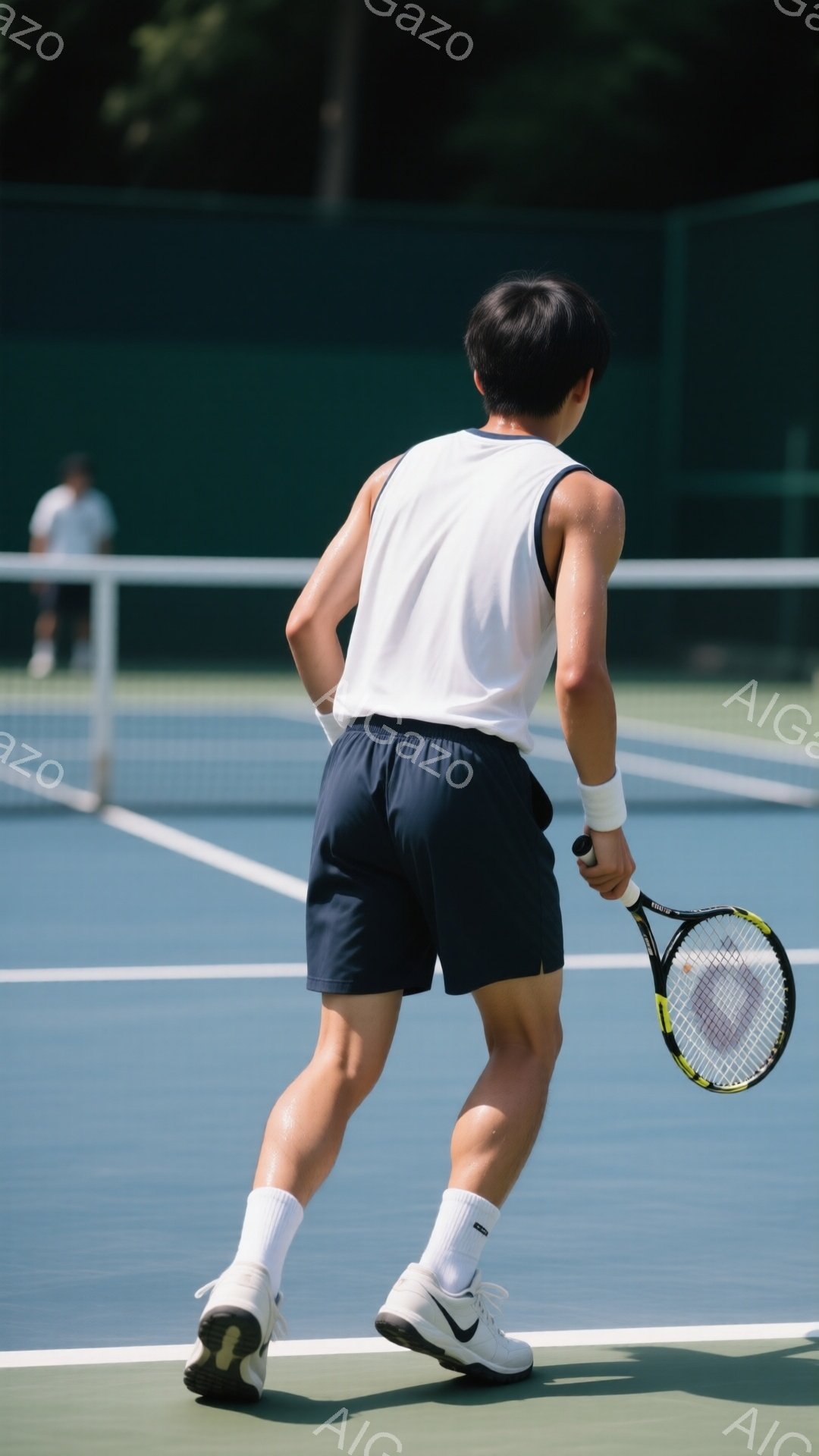 この画像は、テニスをしている男性の背中からのショットです。彼は白いタンクトップと紺色のショーツ、白いソックスとスニーカーを履いており、汗ばんだ肌が見えます。背景は青いテニスコートで、遠くにネットと緑の木々が見え、晴れた日の屋外での活動を思わせます。