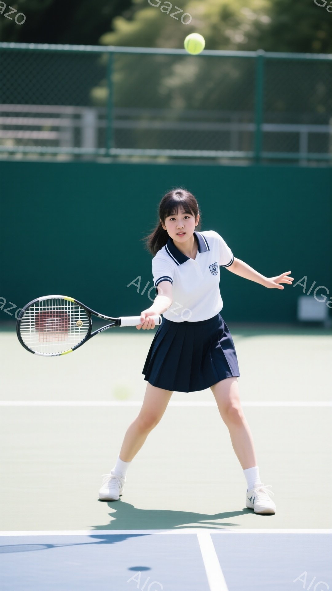 この画像は、テニスをしている女子高生を描写しています。彼女は白いポロシャツと紺色のプリーツスカート、白いソックスとスニーカーを着用し、髪はポニーテールに結ばれています。集中した表情で、テニスラケットを振りかぶり、ボールを打とうとしている瞬間を捉えており、背景には緑のフェンスとテニスコートが見えます。
