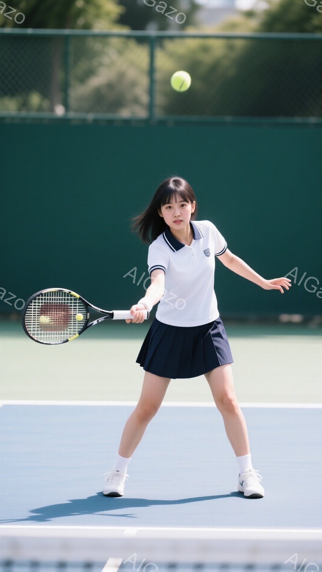 白いポロシャツと紺色のプリーツスカートを着用した若い女性が、テニスをしているところです。彼女はテニスラケットを振りかぶり、ボールを打とうとしており、真剣な表情で前方に集中しています。背景には緑のフェンスと青いテニスコートが見え、晴れた日の屋外での活動を暗示しています。