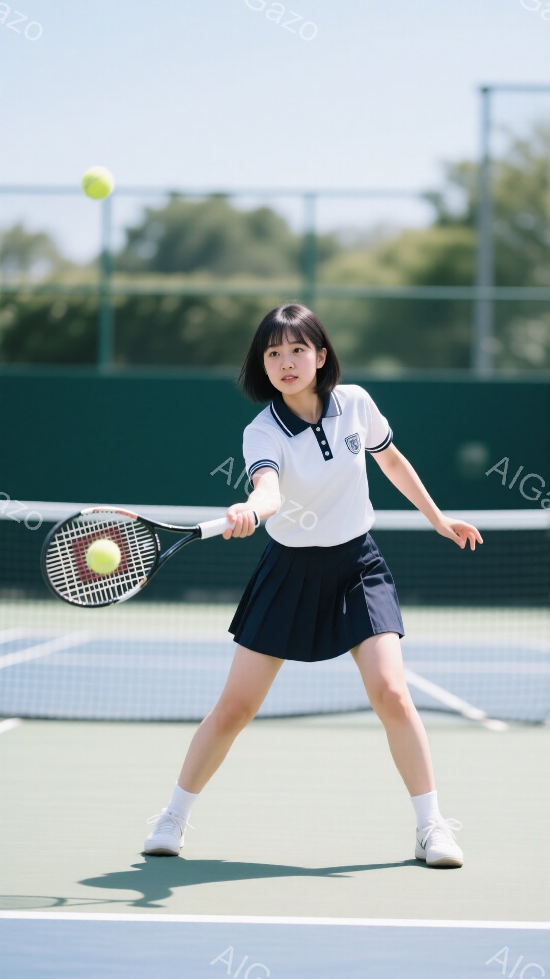 黒髪のショートヘアの女性がテニスをしている写真です。白いポロシャツと紺色のプリーツスカート、白い靴下とスニーカーを着用し、テニスラケットを構え、ボールを打とうとしている瞬間を捉えています。背景は緑色のテニスコートで、晴天の下、明るい雰囲気です。