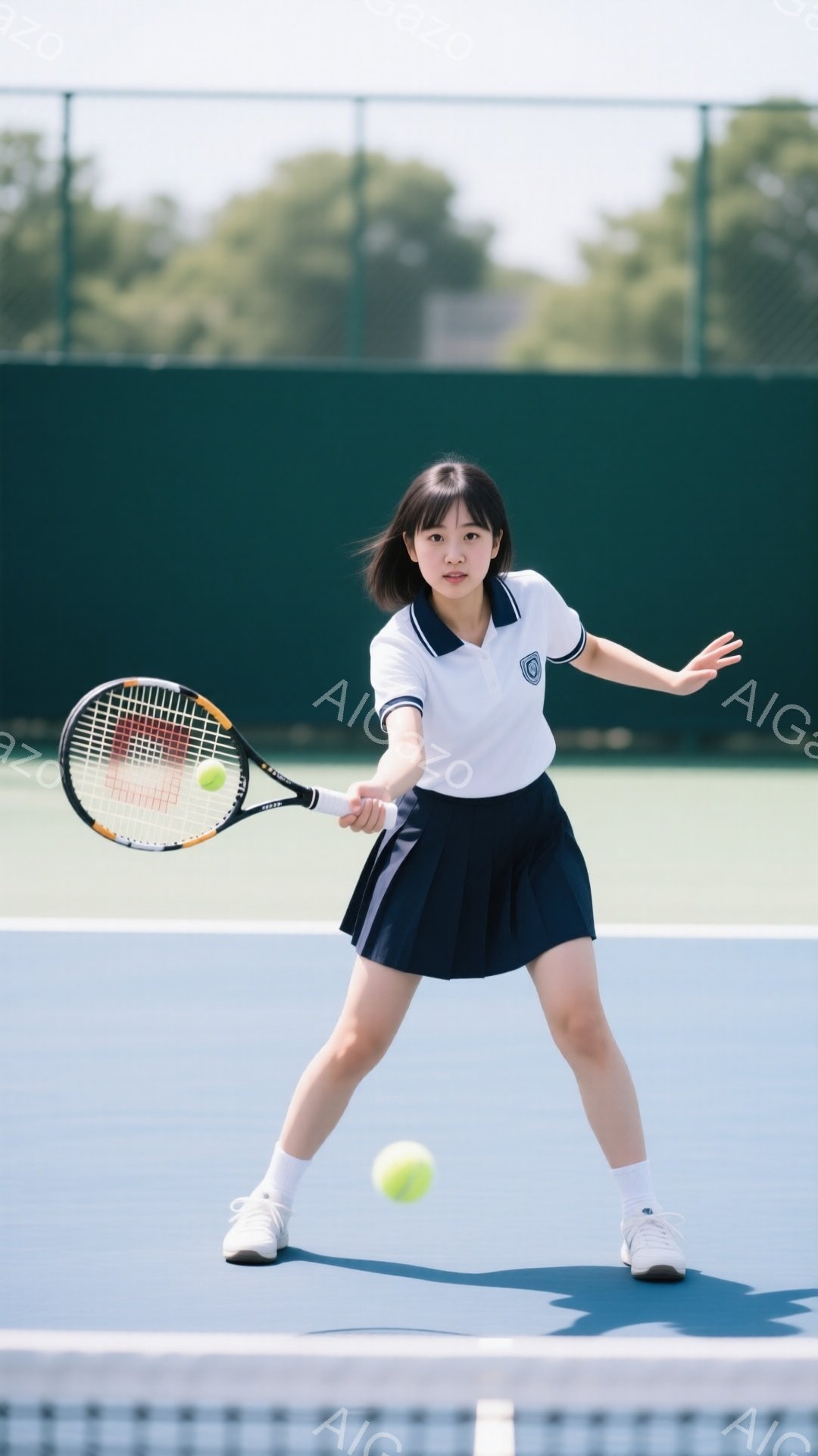 画像は、テニスをしている女子高生を描写しています。白いポロシャツと紺色のプリーツスカートを着用し、白いソックスとスニーカーを履いています。彼女はフォアハンドのストロークを打ち、ボールに向かってラケットを振るっており、表情は真剣で集中しています。